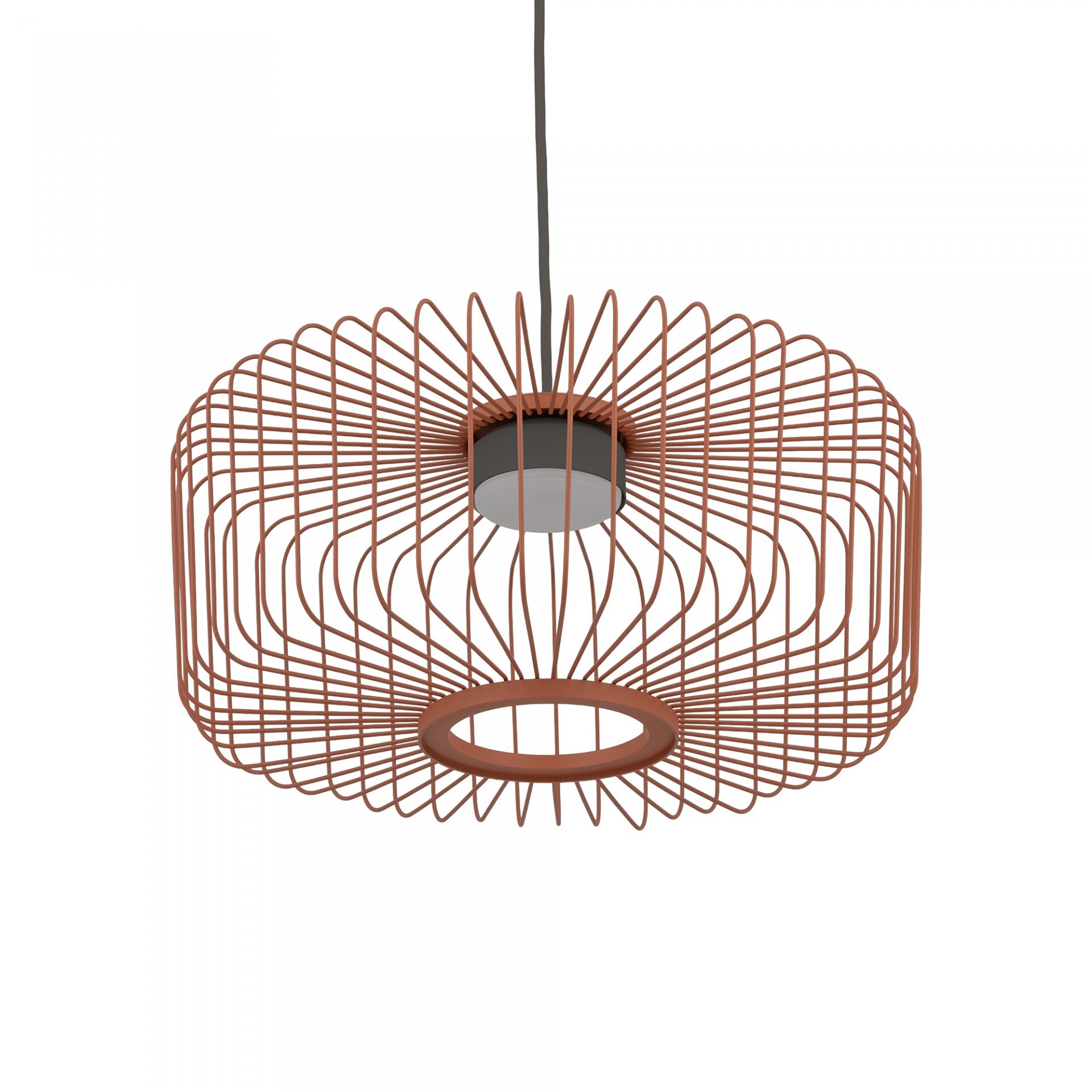 Lampa wisząca z metalowym kloszem w kształcie siatki, w kolorze miedzianym. Klosz ma okrągły otwór na dole i jest zawieszony na cienkim przewodzie.