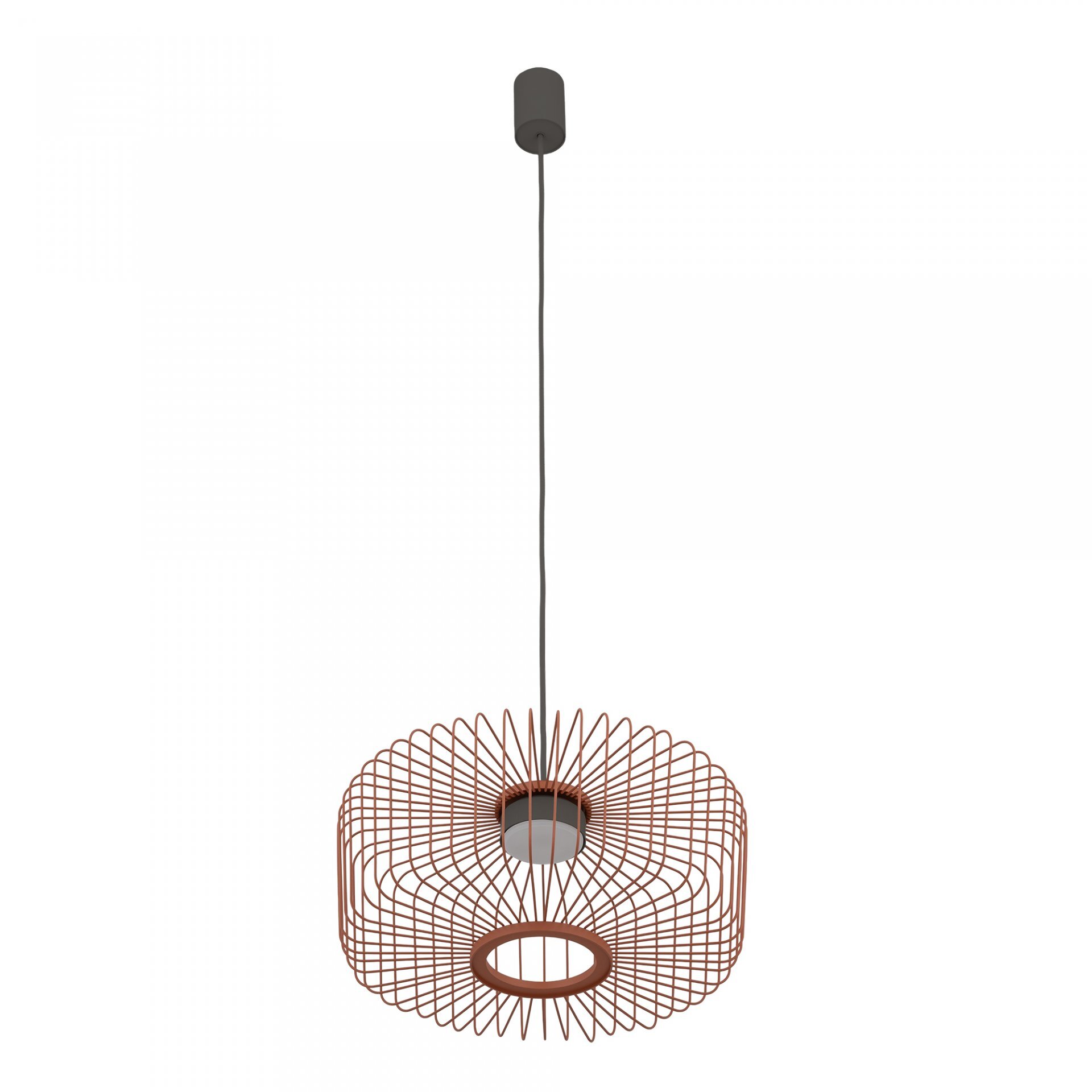 Lampa wisząca z metalowym kloszem w kształcie siatki, zawieszona na długim przewodzie. Klosz ma kolor miedziany i okrągły otwór na dole.