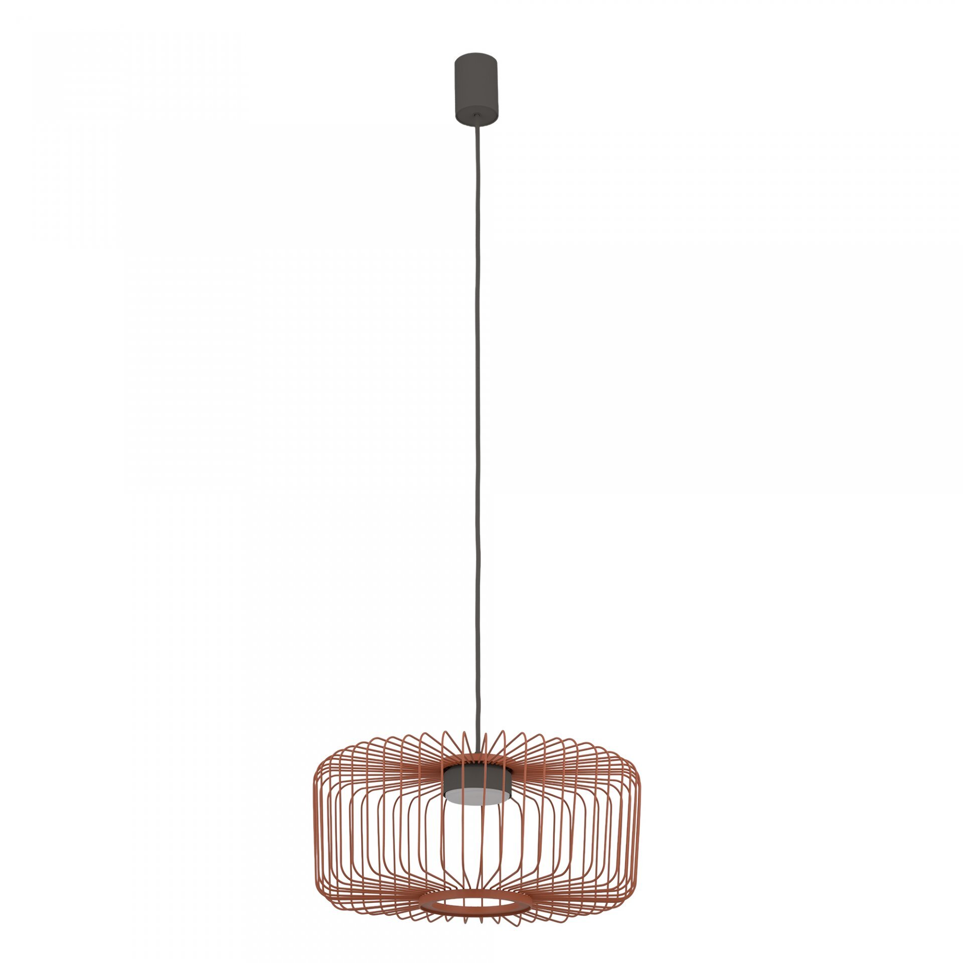 Lampa wisząca z metalowym kloszem w kształcie ażurowej konstrukcji, zawieszona na długim przewodzie. Klosz ma kolor miedziany, a przewód i mocowanie są ciemne.