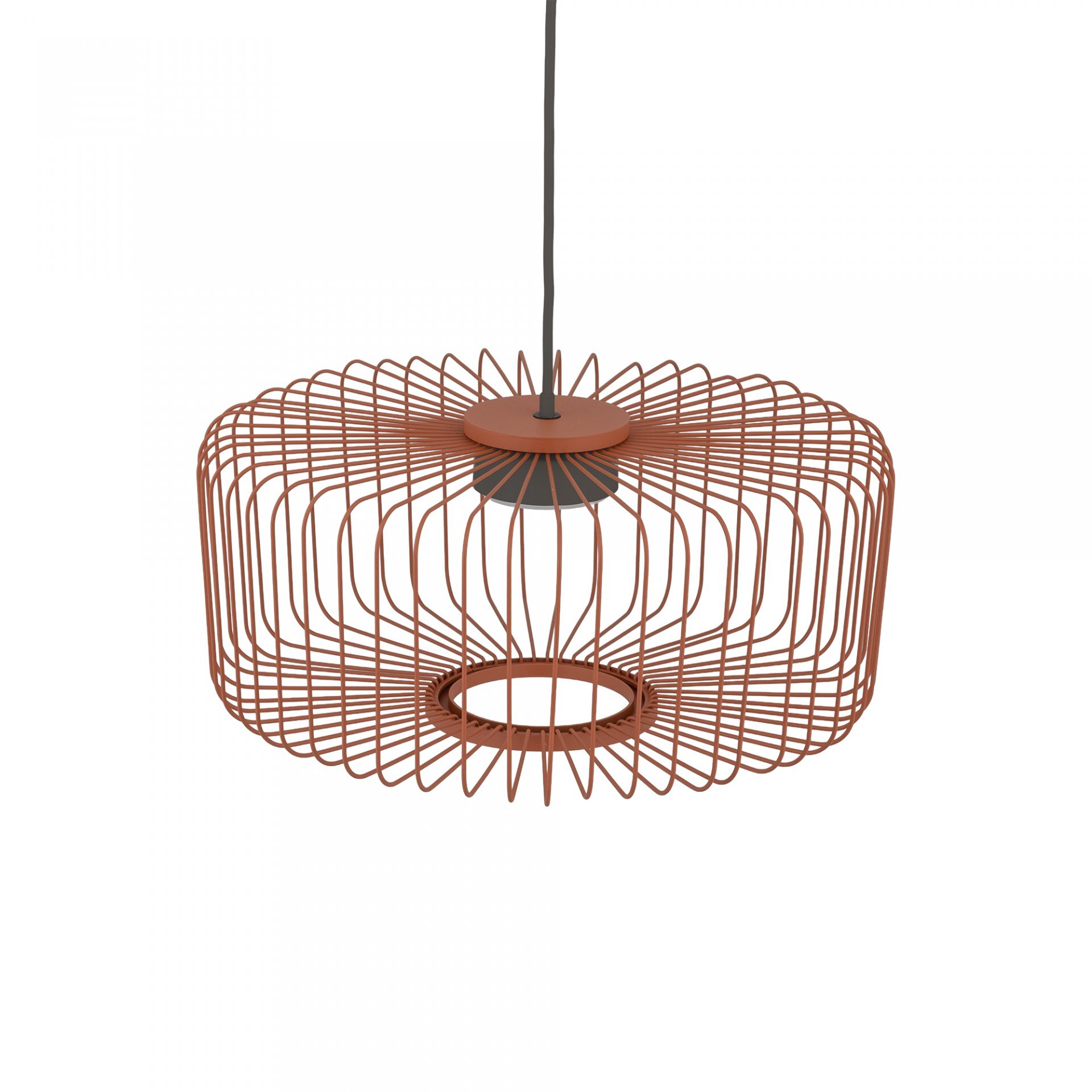 Lampa wisząca o nowoczesnym designie z metalowym kloszem w kształcie siatki w kolorze miedzianym. Zawieszona na czarnym przewodzie.