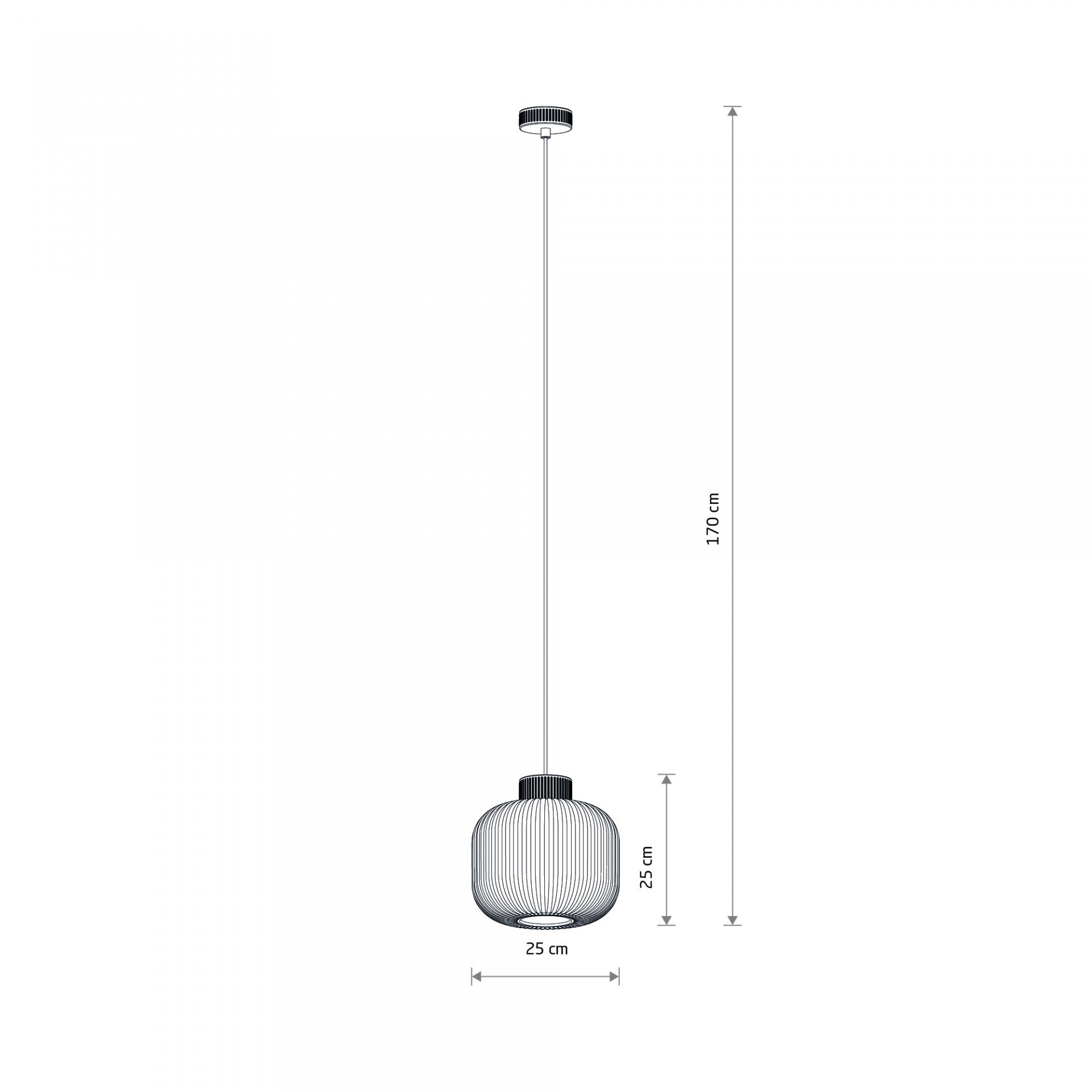 Obraz przedstawia schemat lampy wiszącej z kloszem o średnicy 25 cm i wysokości 25 cm, zawieszonej na przewodzie o długości 170 cm. Lampa ma ażurowy klosz i prosty, nowoczesny design.