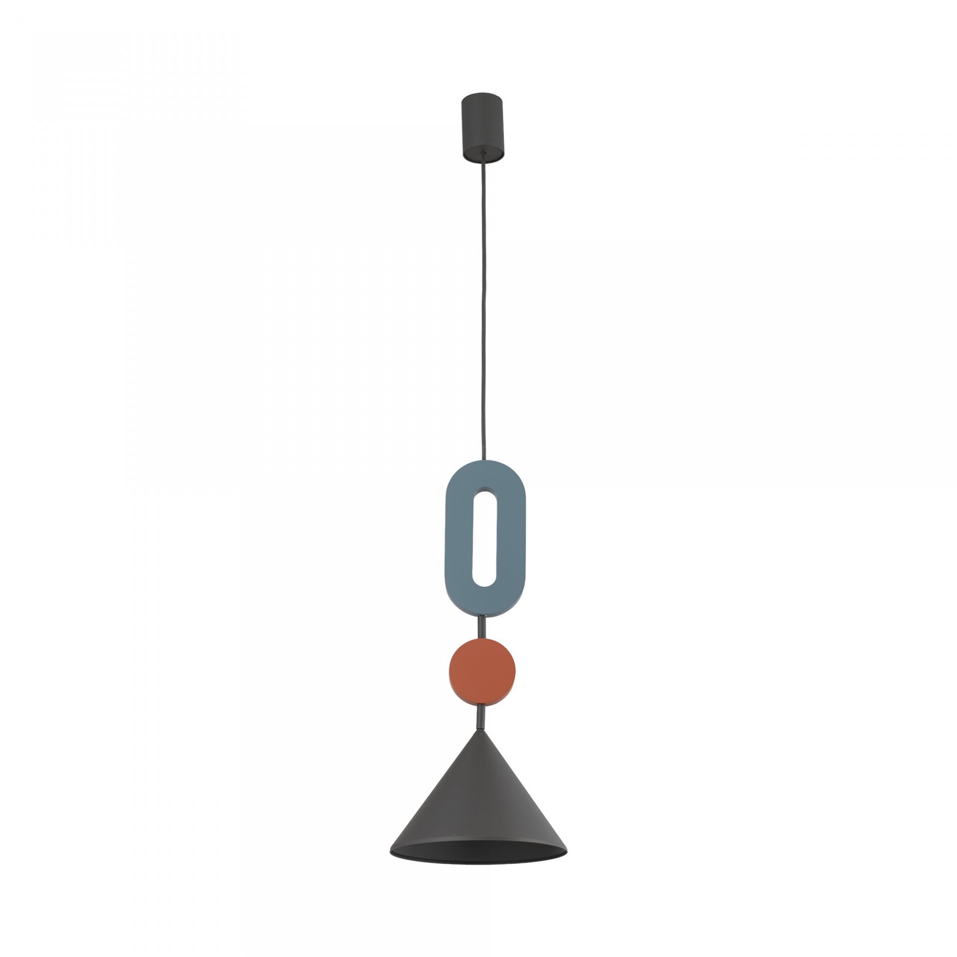 Lampa wisząca z czarnym, stożkowym kloszem, ozdobiona niebieskim owalnym elementem i pomarańczową kulą na przewodzie.