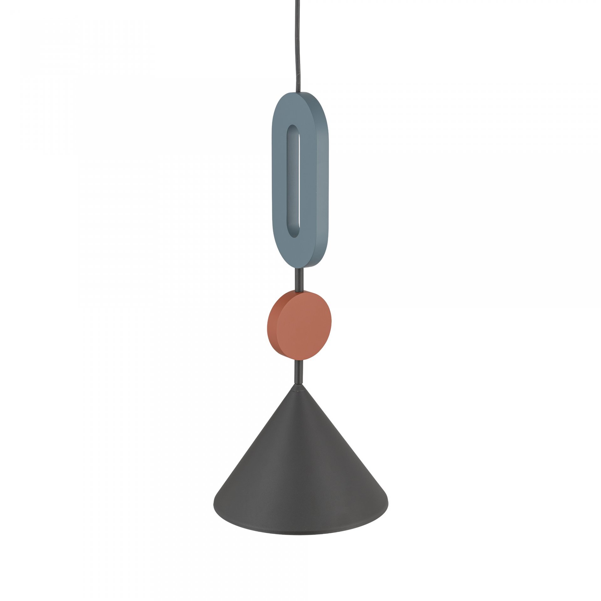 Lampa wisząca o nowoczesnym designie, składająca się z szarego klosza w kształcie stożka, czerwonego okrągłego elementu i niebieskiego owalnego elementu na przewodzie.
