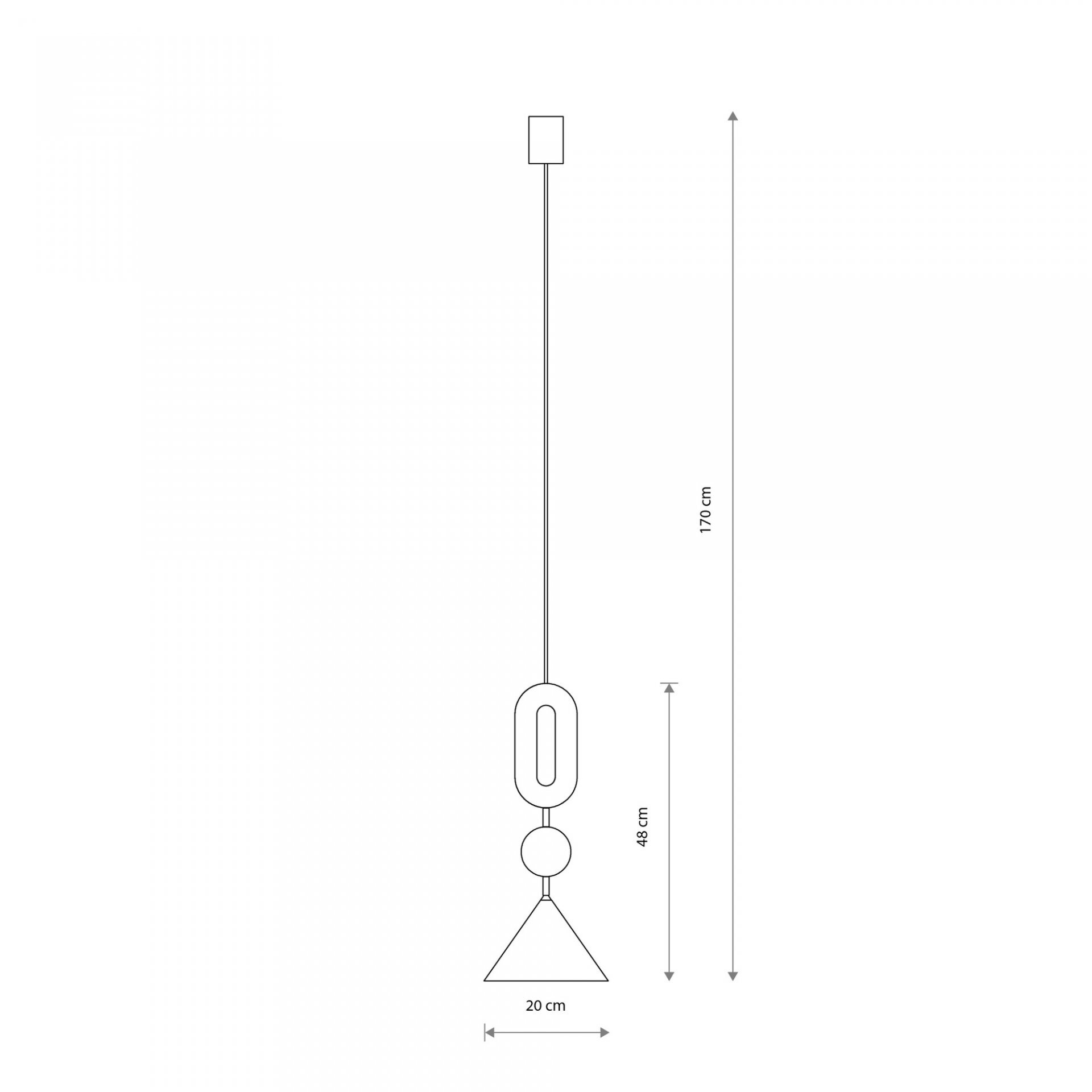 Schematyczny rysunek lampy wiszącej z wymiarami: wysokość całkowita 170 cm, wysokość klosza 48 cm, średnica klosza 20 cm.