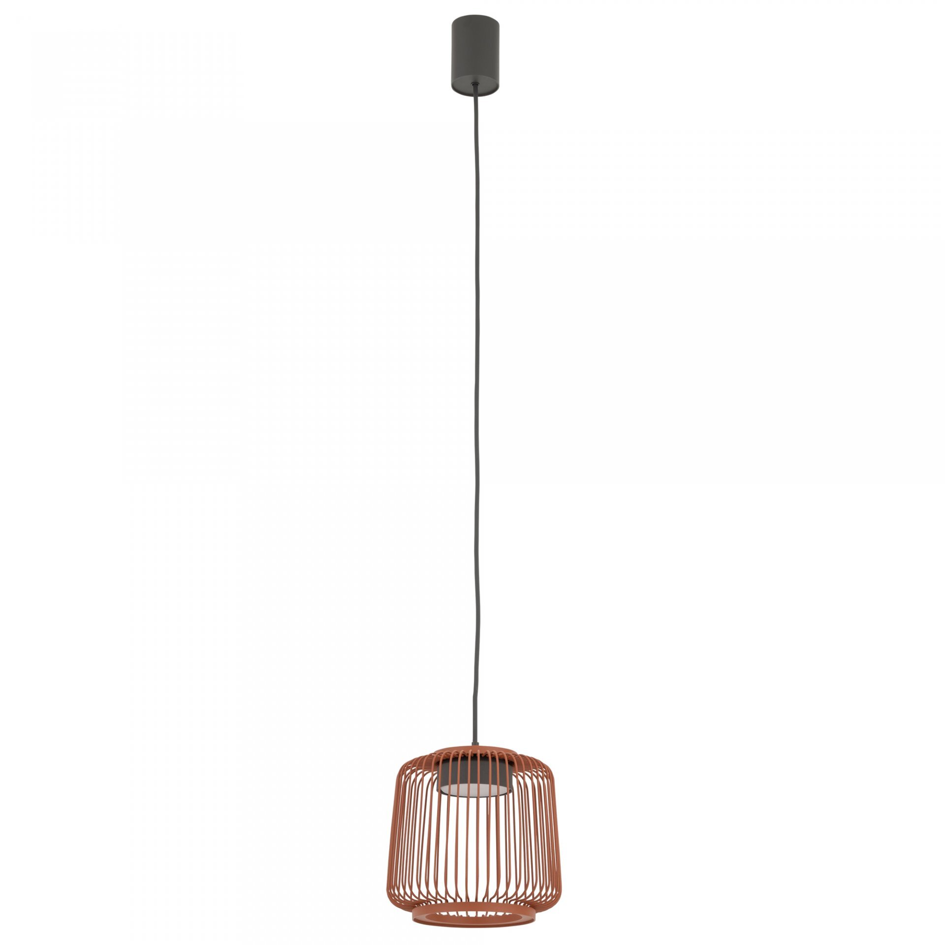 Lampa wisząca z metalowym kloszem w kształcie klatki, w kolorze miedzianym, zawieszona na długim czarnym przewodzie. Górna część lampy to prosty, cylindryczny element montażowy w kolorze ciemnoszarym.