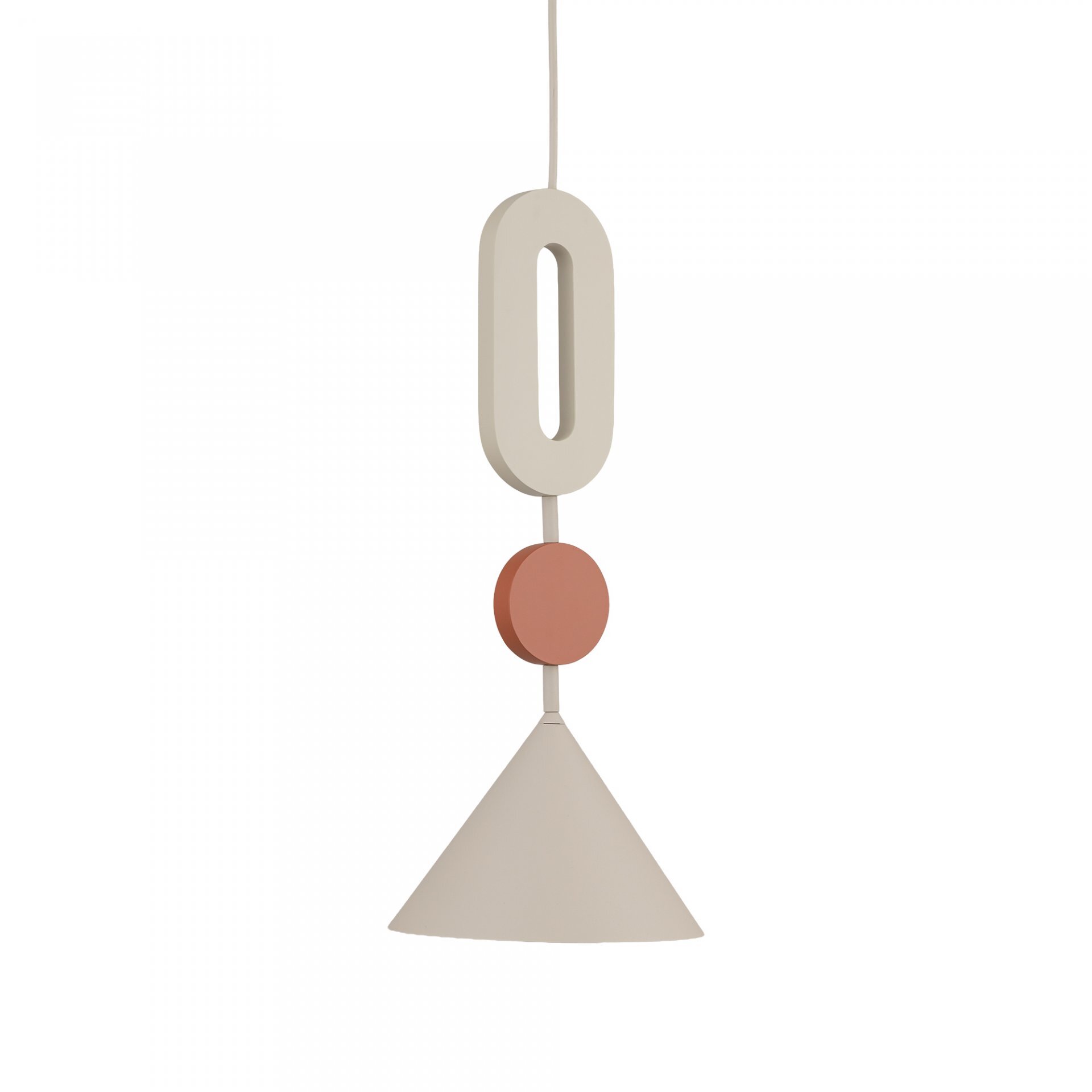 Lampa wisząca o nowoczesnym designie, składająca się z białego, owalnego elementu, czerwonego okręgu i stożkowego klosza w kolorze beżowym.