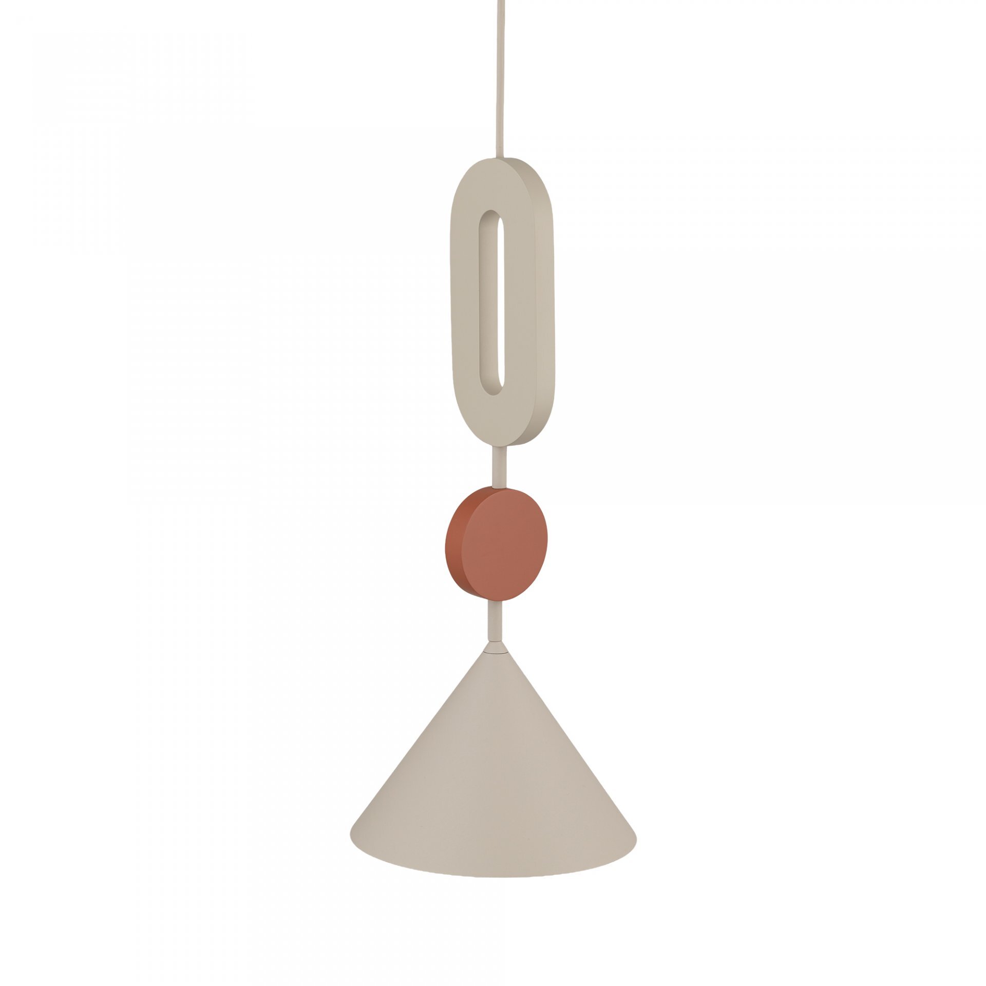 Lampa wisząca o nowoczesnym designie, składająca się z kremowego klosza w kształcie stożka oraz ozdobnego elementu w kolorze terakoty i owalnego uchwytu.