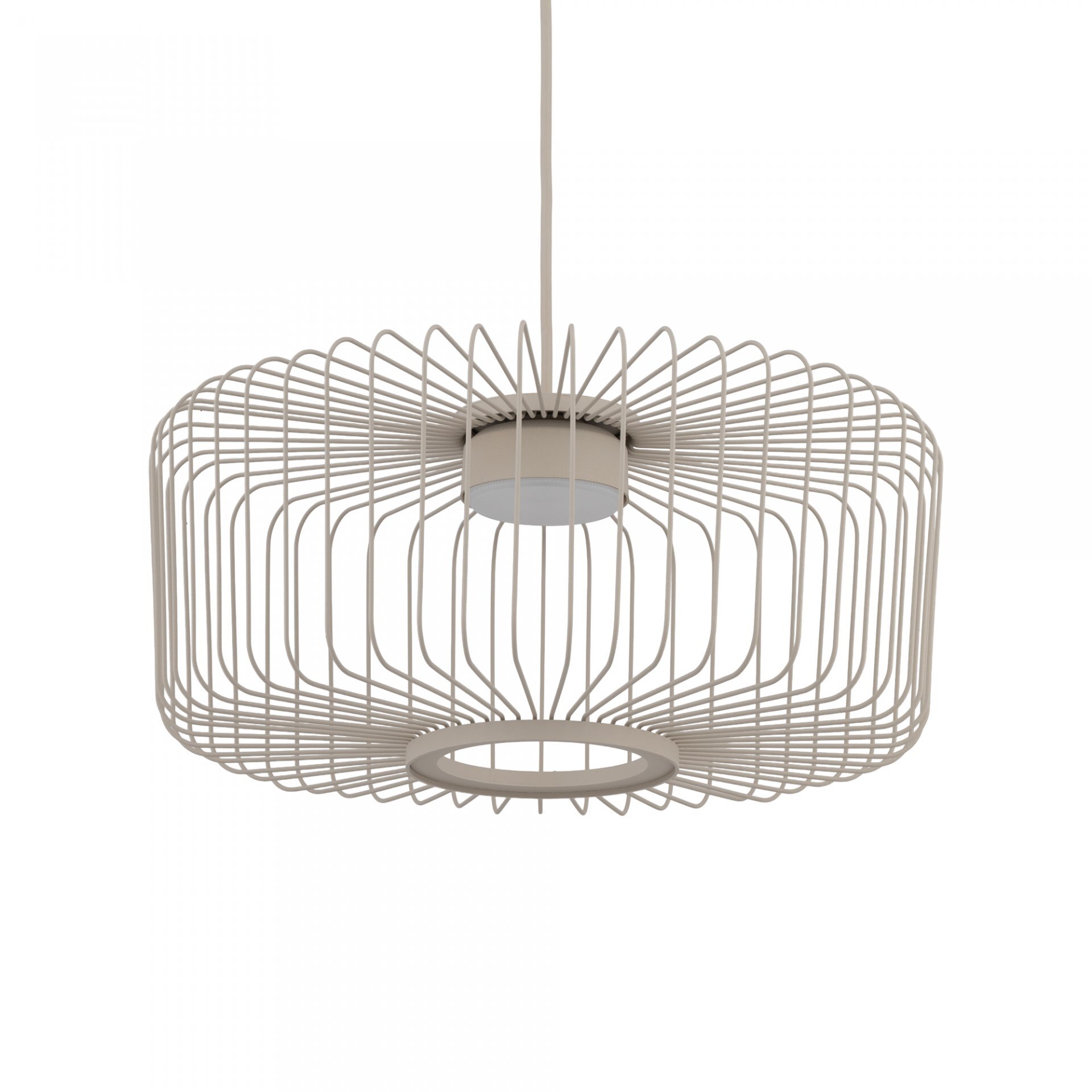Lampa wisząca o nowoczesnym designie z metalowym kloszem w kształcie siatki. Klosz jest koloru białego i ma cylindryczny kształt z otwartym dołem.