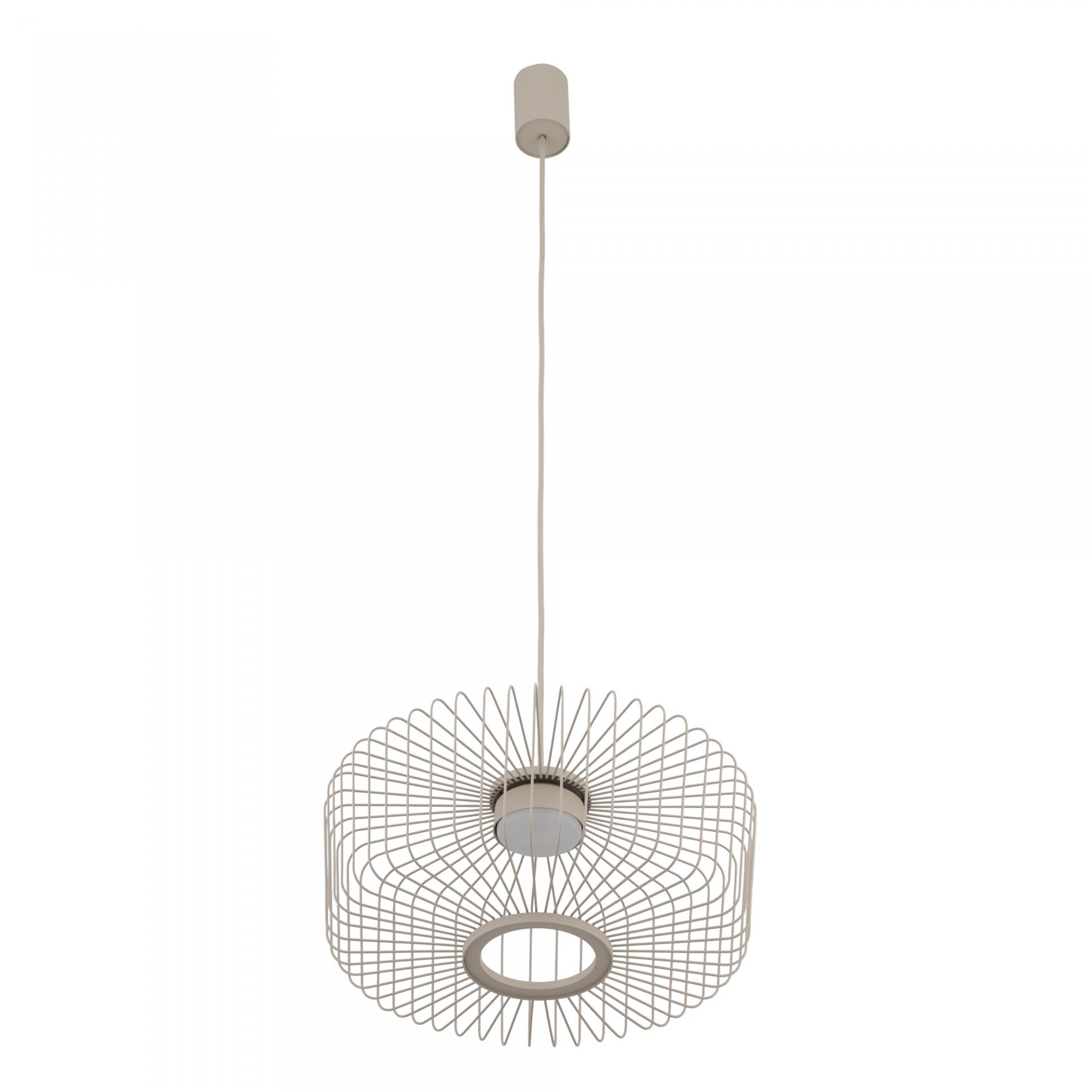 Lampa wisząca z metalowym kloszem o geometrycznym wzorze, zawieszona na cienkim przewodzie. Klosz ma kształt okręgu z otwartą przestrzenią w środku.