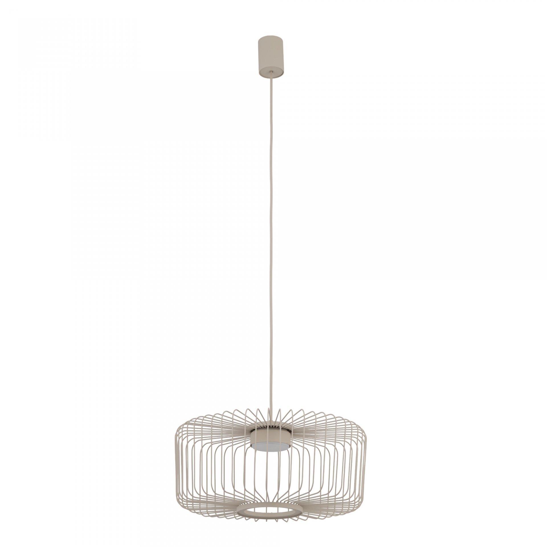 Lampa wisząca z metalowym kloszem w kształcie okręgu, zawieszona na długim przewodzie. Klosz ma ażurową konstrukcję z cienkich prętów.