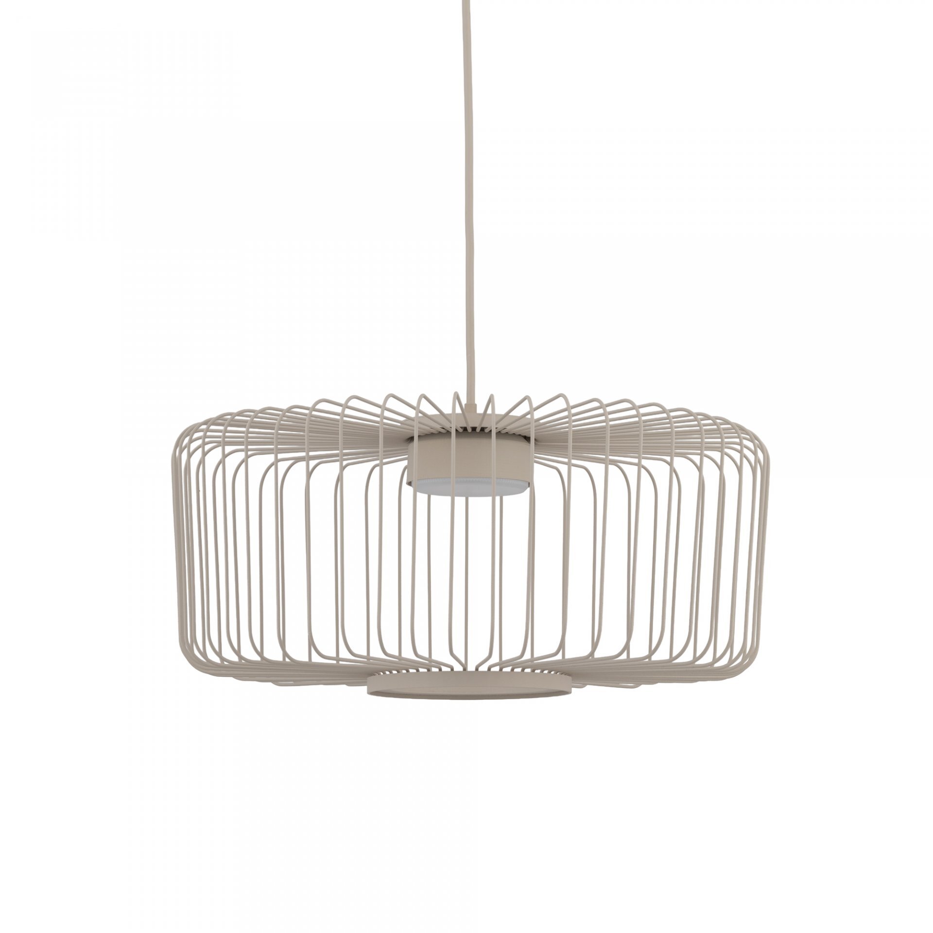 Lampa wisząca o nowoczesnym designie z metalowym kloszem w kształcie klatki, zawieszona na przewodzie. Klosz jest w kolorze jasnym, a jego konstrukcja składa się z równomiernie rozmieszczonych prętów.