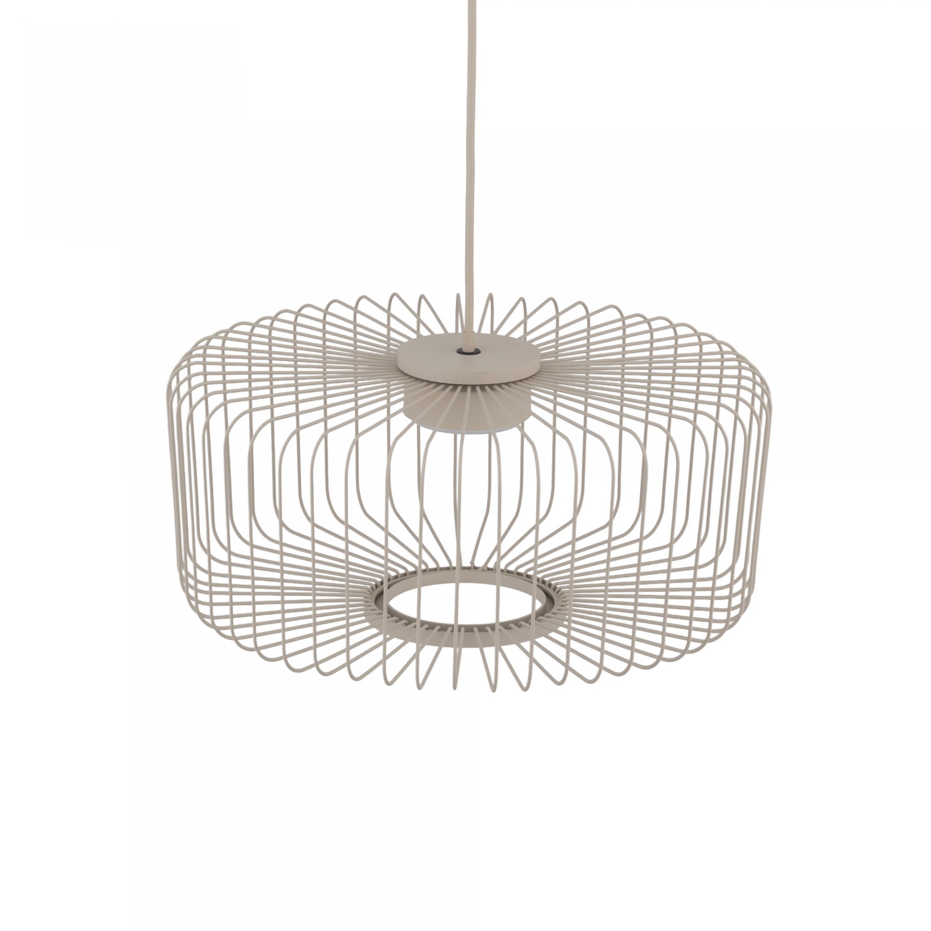 Lampa wisząca o nowoczesnym designie z metalowym kloszem w kształcie siatki, zawieszona na przewodzie.