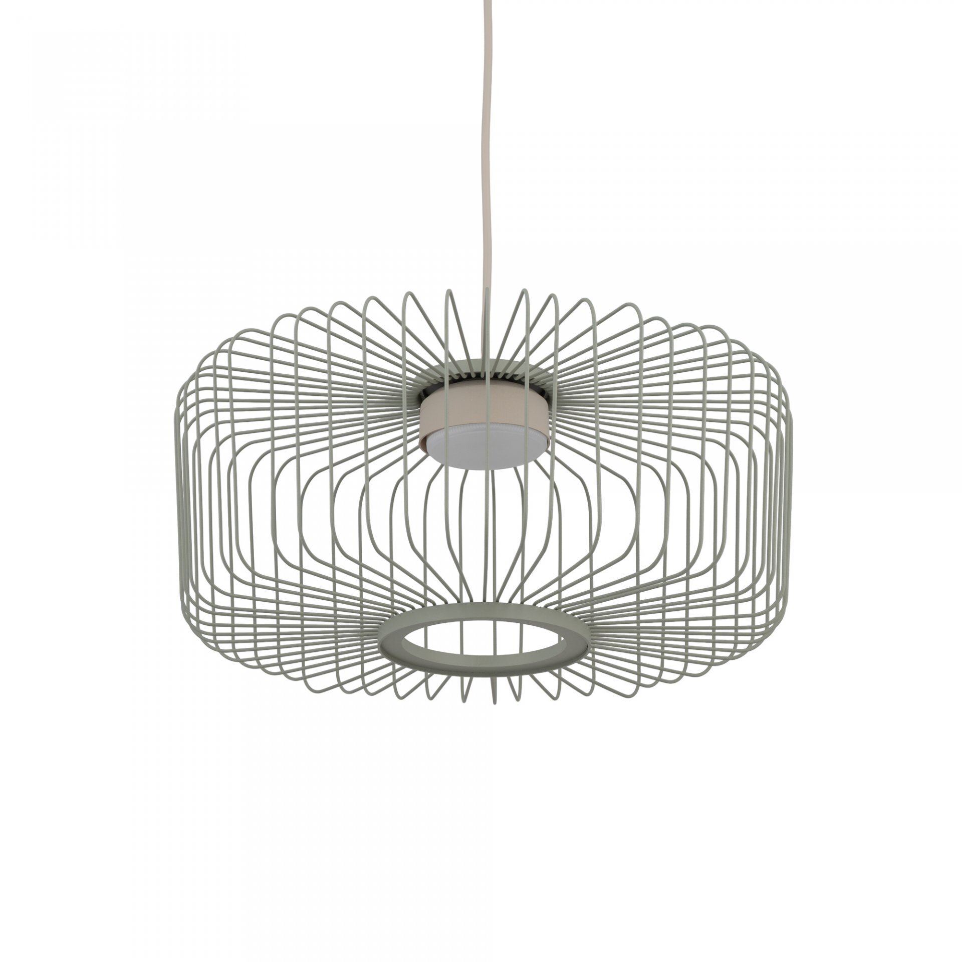 Lampa wisząca o nowoczesnym designie z metalowym kloszem w kształcie siatki. Klosz jest koloru szarego i zawieszony na białym przewodzie.
