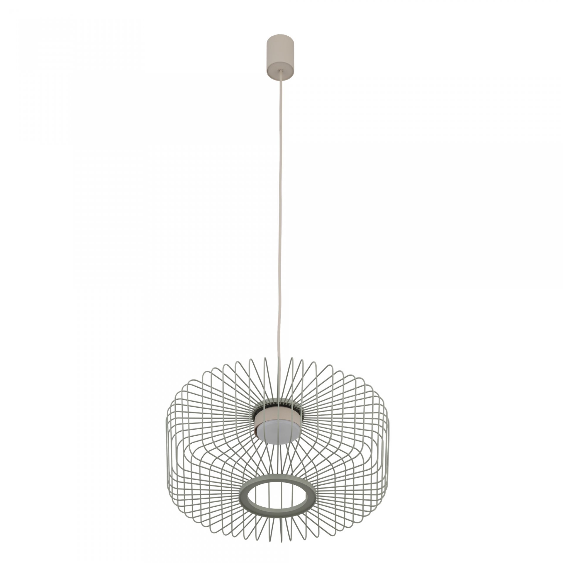 Lampa wisząca z metalowym kloszem o geometrycznym wzorze, zawieszona na długim przewodzie. Klosz ma otwartą konstrukcję z okrągłym otworem na dole.