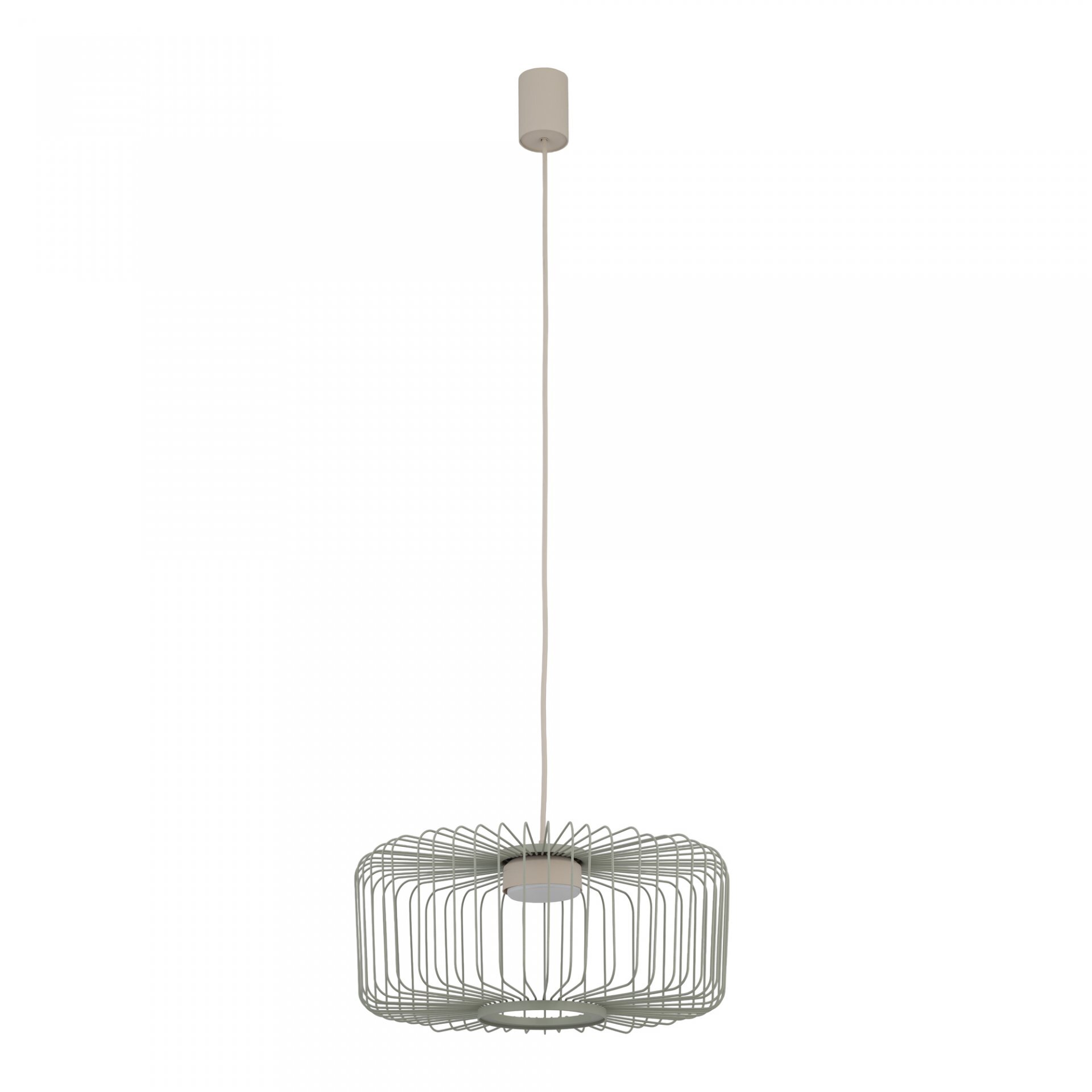 Na obrazie widoczna jest lampa wisząca z metalowym kloszem o geometrycznym kształcie, zawieszona na cienkim przewodzie. Klosz ma formę ażurowej konstrukcji z prętów.