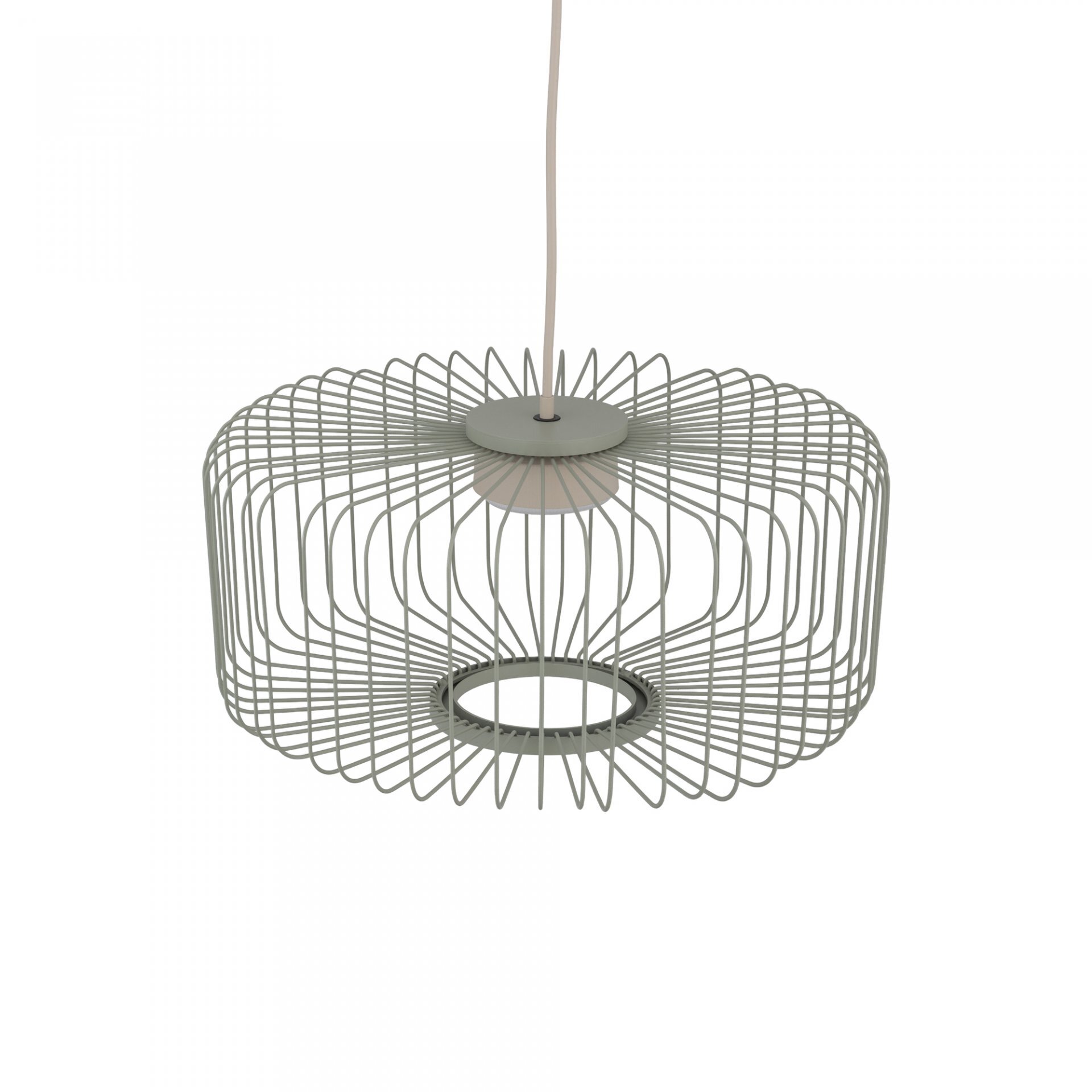 Lampa wisząca o nowoczesnym designie z metalowym kloszem w kształcie siatki. Klosz jest koloru szarego i zawieszony na białym przewodzie.