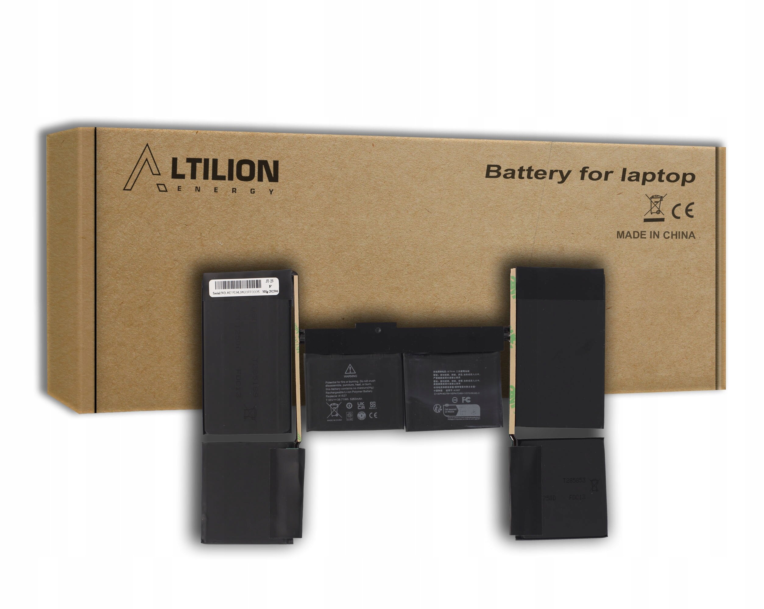 Na obrazie widoczna jest bateria do laptopa z logo \'Altilion Energy\' oraz kartonowe opakowanie z napisem \'Battery for laptop\' i \'Made in China\'.