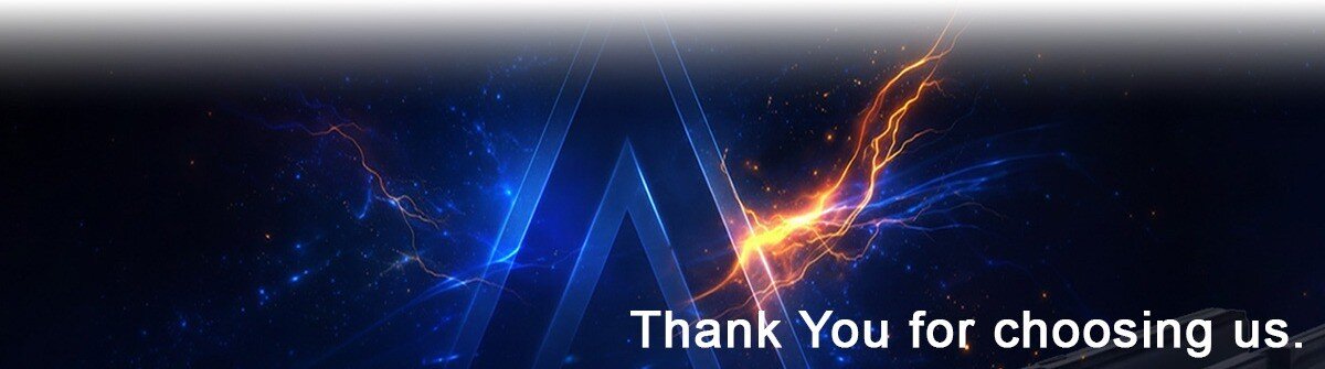 Obraz przedstawia ciemne tło z błyskawicami w kolorach niebieskim i pomarańczowym oraz dużą literą \'A\' w centrum. Na dole widnieje tekst: \'Thank You for choosing us.\'
