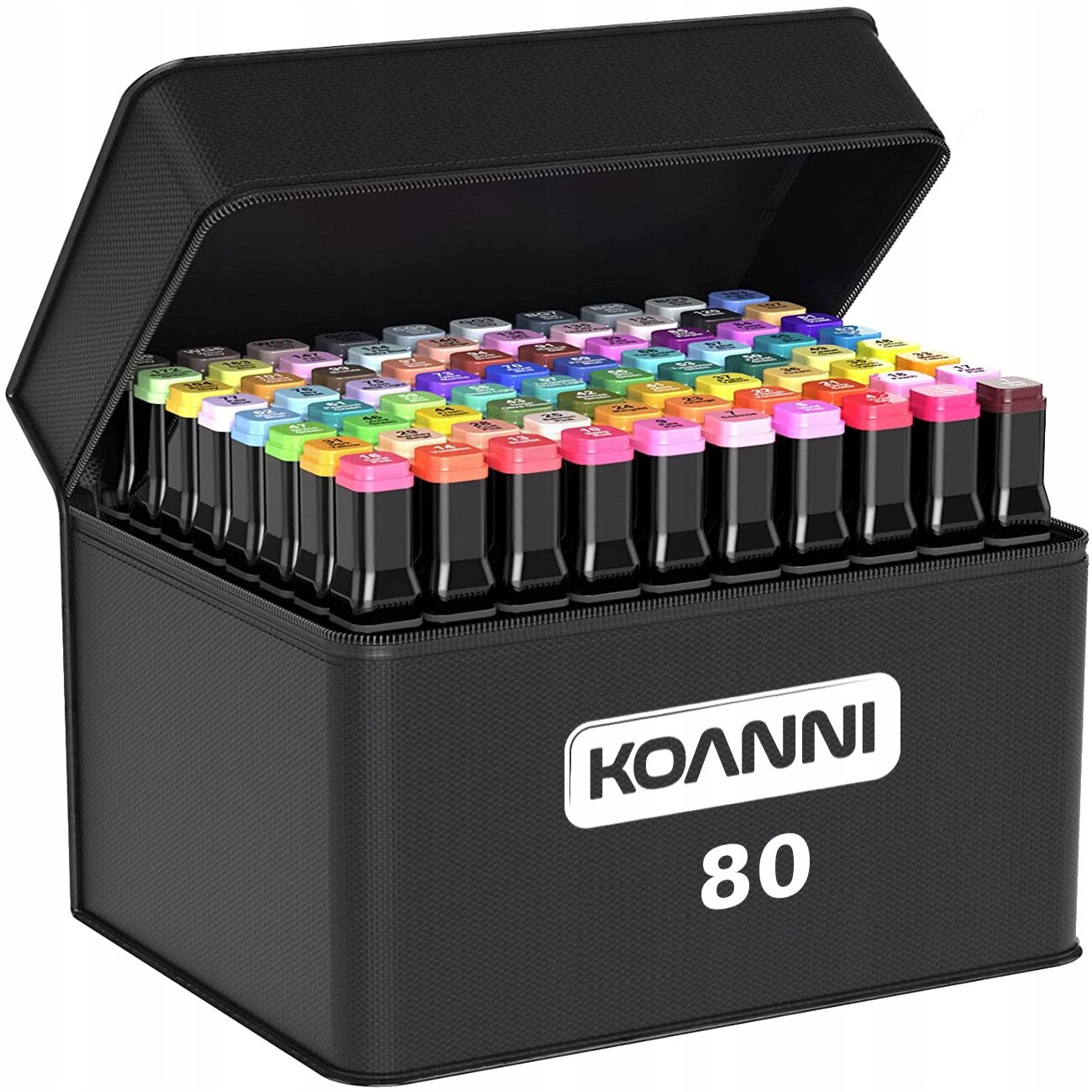 Czarny futerał z otwartą pokrywą, w którym znajduje się 80 dwustronnych markerów alkoholowych w różnych kolorach. Na futerale widoczne jest logo \'KOANNI\' oraz liczba \'80\'.