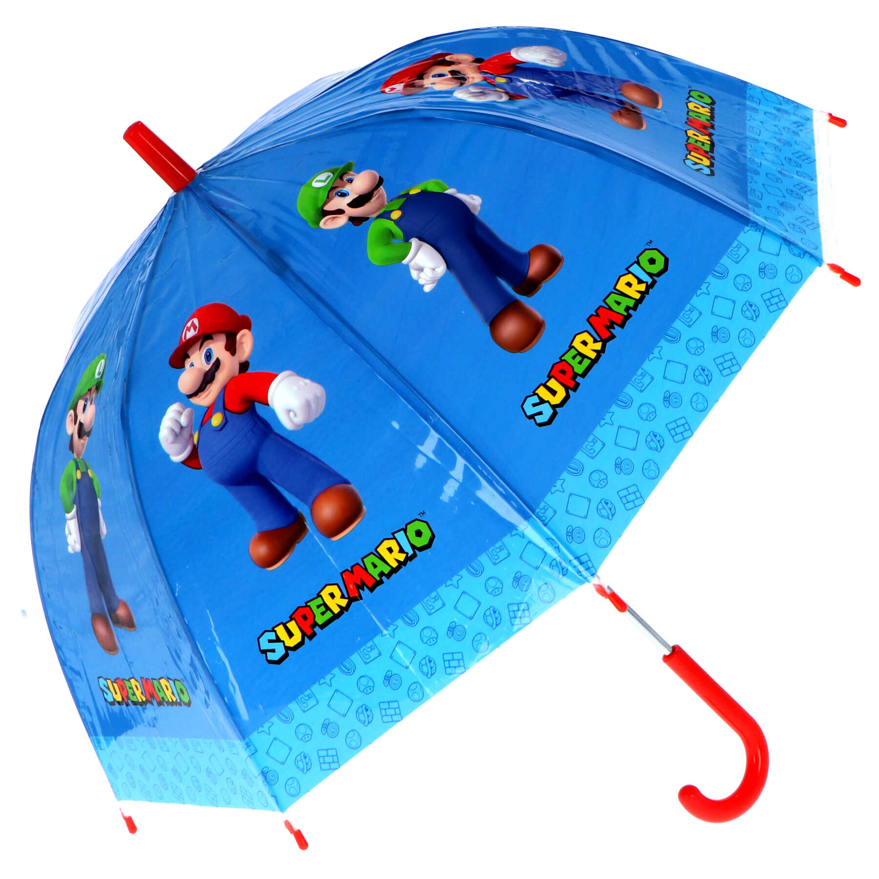 Niebieska parasolka dziecięca z postaciami Mario i Luigi oraz napisem \'SUPER MARIO\'. Rączka parasolki jest czerwona.