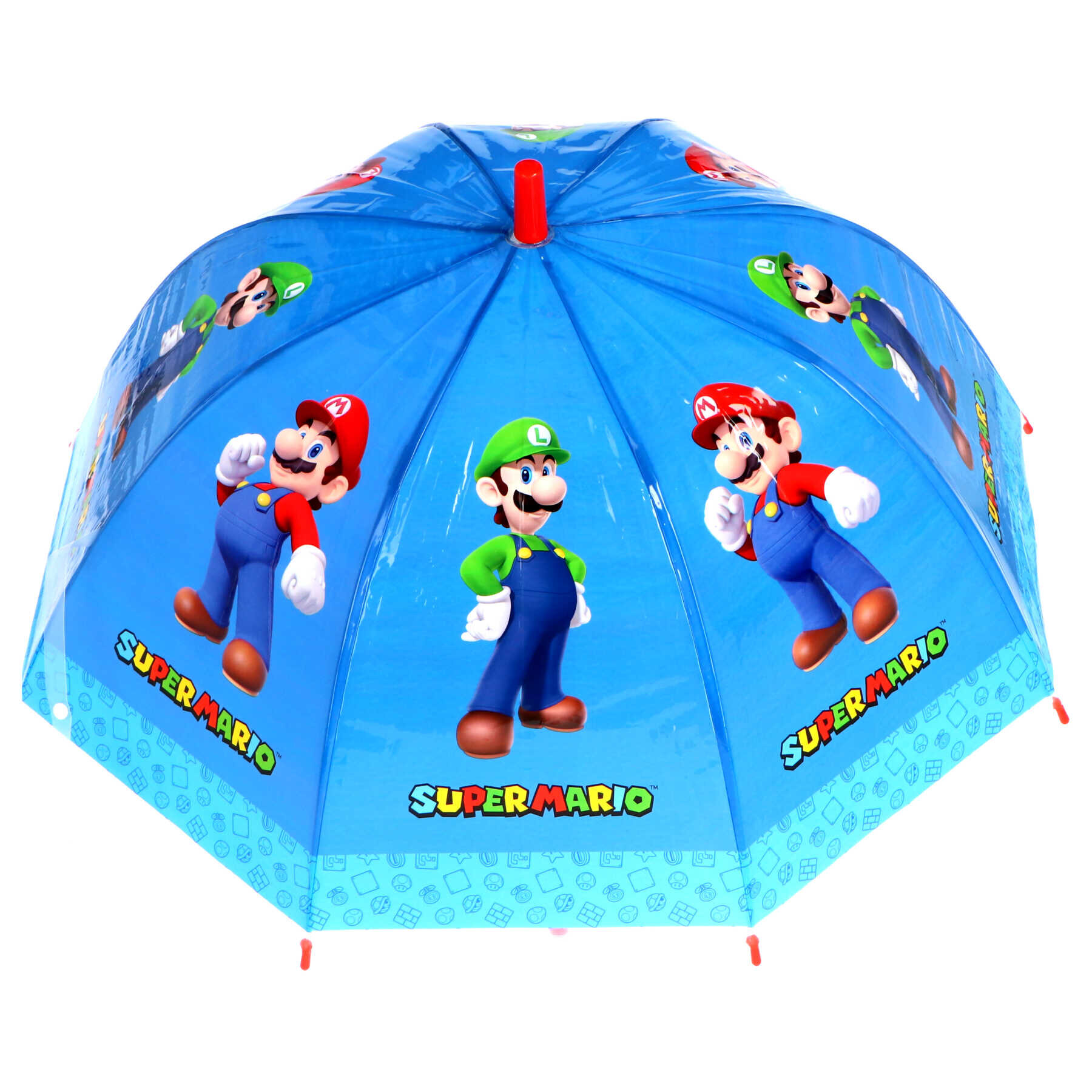 Dziecięca parasolka z motywem postaci z gry Super Mario na niebieskim tle. Widoczne są postacie Mario i Luigi oraz napis \'SUPER MARIO\'.
