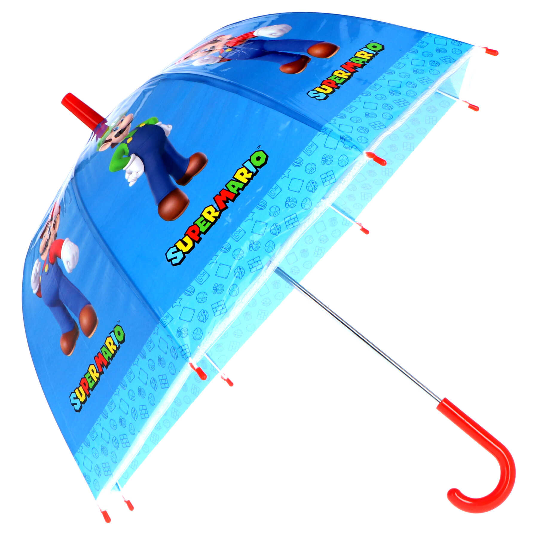 Dziecięca parasolka z motywem Super Mario, z niebieskim tłem i czerwonym uchwytem. Na parasolce widoczne są postacie z gry oraz napis \'SUPER MARIO\'.