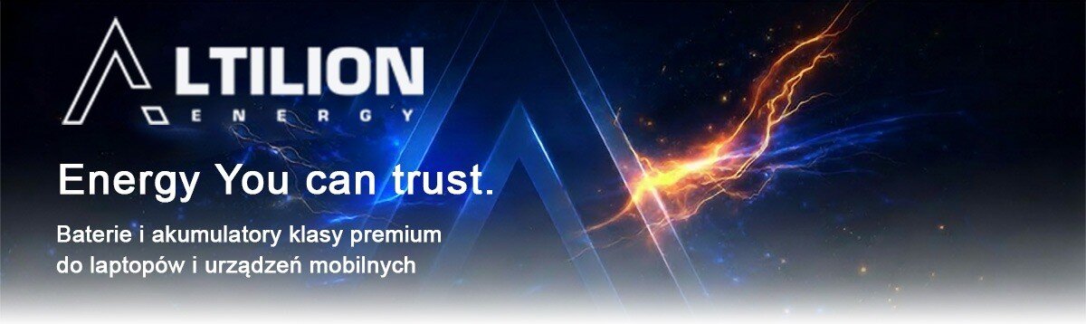 Obraz przedstawia logo \'ALTILION ENERGY\' oraz tekst: \'Energy You can trust. Baterie i akumulatory klasy premium do laptopów i urządzeń mobilnych\'.