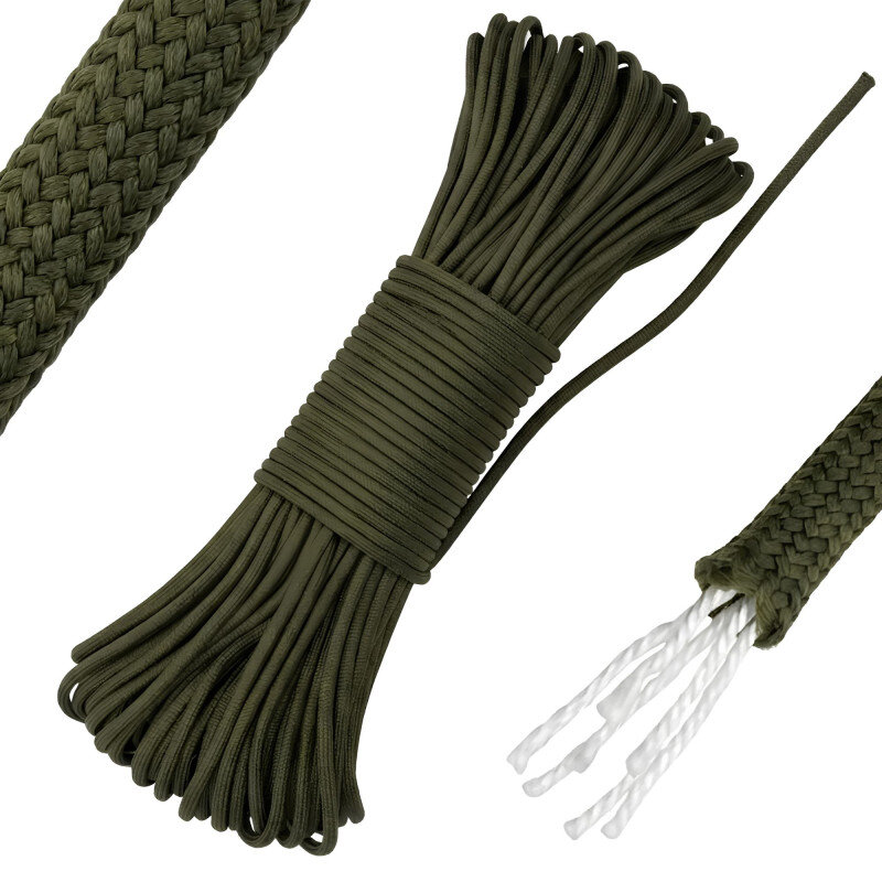 Zdjęcie przedstawia zieloną linkę paracord, zwiniętą w pęk, z widocznym splotem i białymi rdzeniami wewnętrznymi. Linka jest mocna i wytrzymała, przeznaczona do zastosowań survivalowych.