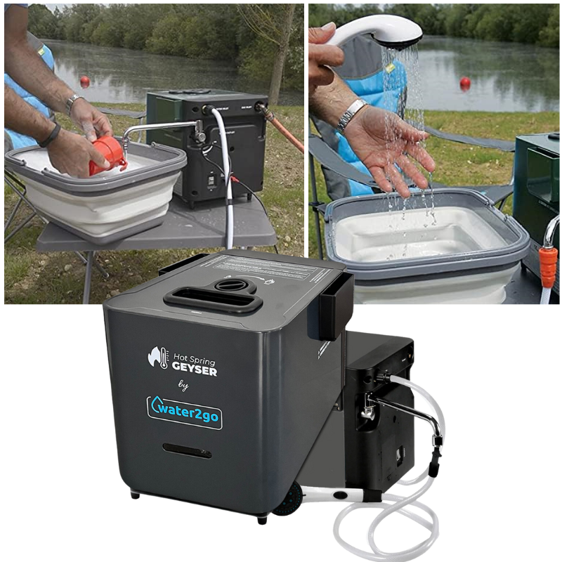 Na obrazie widoczny jest przenośny podgrzewacz wody z napisem \'Hot Spring Geyser by water2go\'. Obok urządzenia znajduje się składany pojemnik z wodą oraz ręka trzymająca prysznic, z którego leci woda.