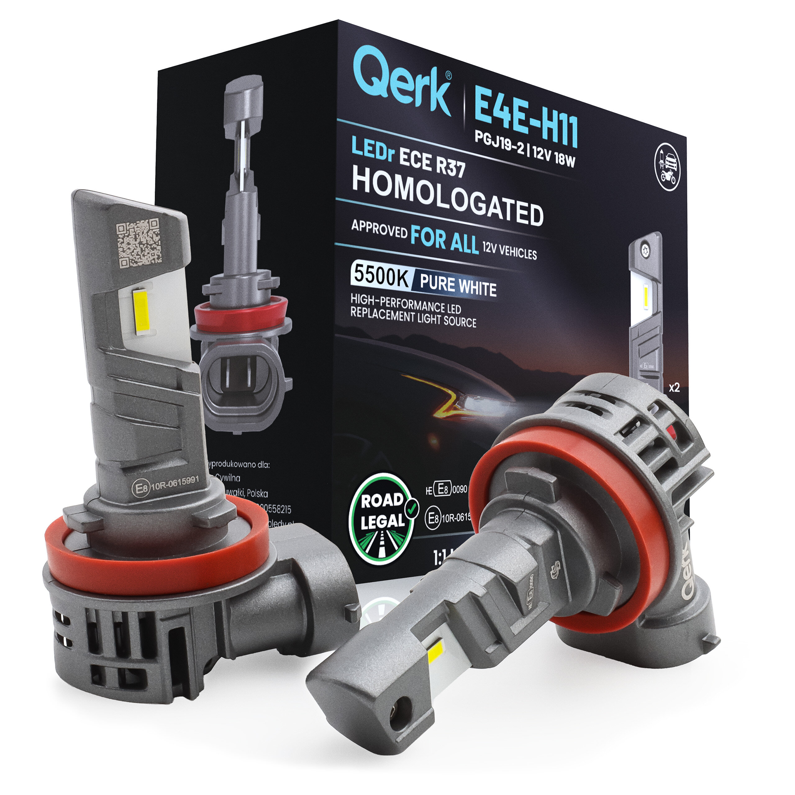 Na obrazie widoczne są dwie żarówki LED oraz opakowanie z napisem \'Qerk E4E-H11 LEDr ECE R37 HOMOLOGATED\'. Dodatkowe informacje na opakowaniu to \'5500K PURE WHITE\' oraz \'ROAD LEGAL\'.