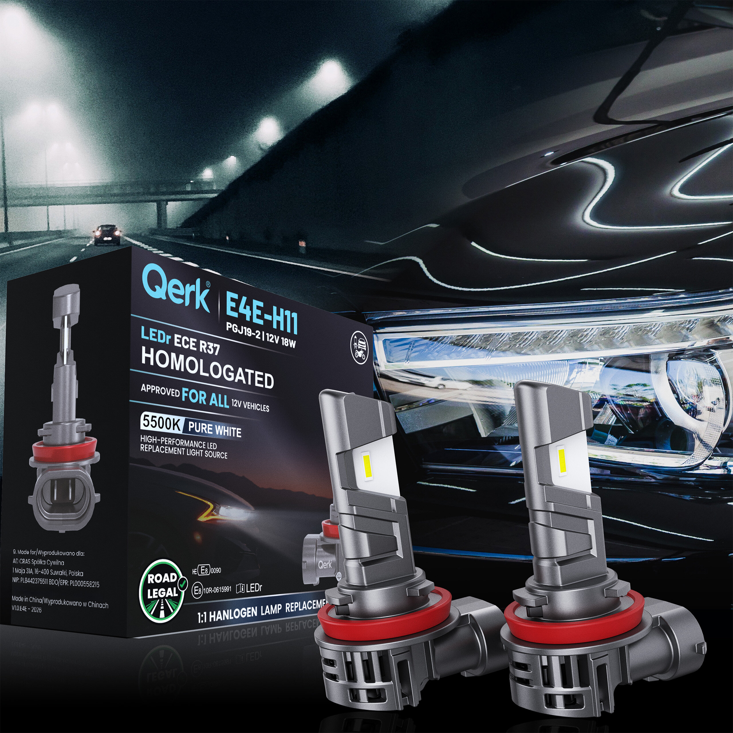 Obraz przedstawia opakowanie żarówek LED Qerk E4E-H11 oraz dwie żarówki na tle reflektora samochodowego. Na opakowaniu widnieje tekst: \'LEDr ECE R37 HOMOLOGATED 5500K PURE WHITE\'.