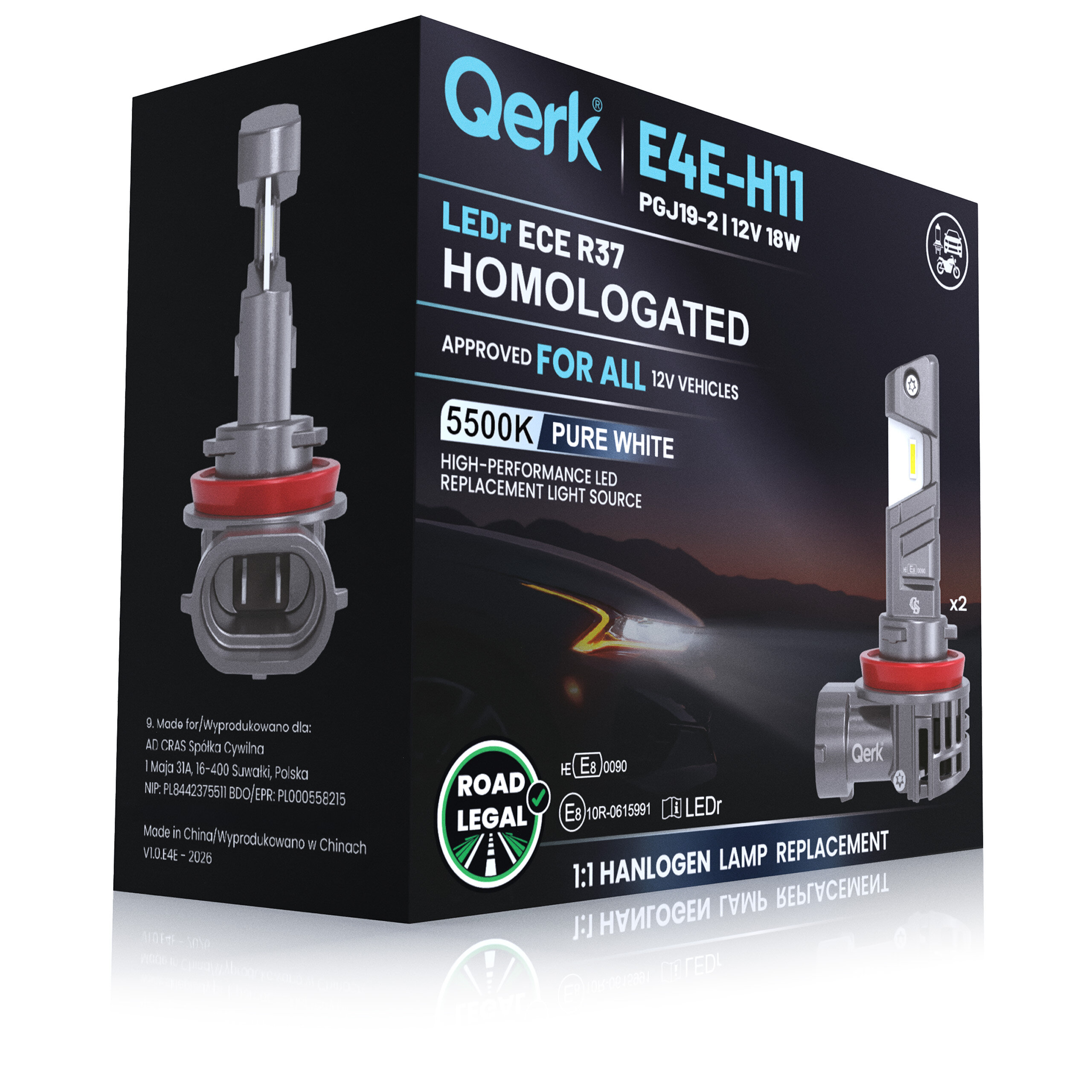 Opakowanie żarówek LED marki Qerk model E4E-H11 z homologacją drogową ECE R37, o temperaturze barwowej 5500K i strumieniu świetlnym 2700lm. Widoczny tekst: \'LEDr ECE R37 HOMOLOGATED APPROVED FOR ALL 12V VEHICLES 5500K PURE WHITE HIGH-PERFORMANCE LED REPLACEMENT LIGHT SOURCE\'.