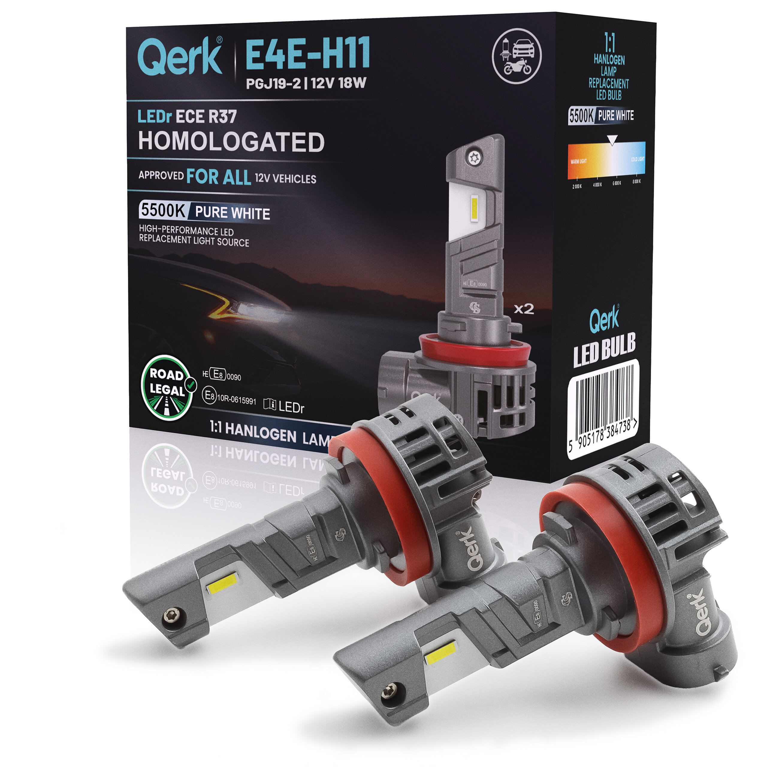 Na obrazie widoczne są dwie żarówki LED oraz opakowanie z napisem \'Qerk E4E-H11 LEDr ECE R37 HOMOLOGATED\'. Opakowanie zawiera informacje o specyfikacji produktu, w tym \'5500K PURE WHITE\' i \'APPROVED FOR ALL 12V VEHICLES\'.