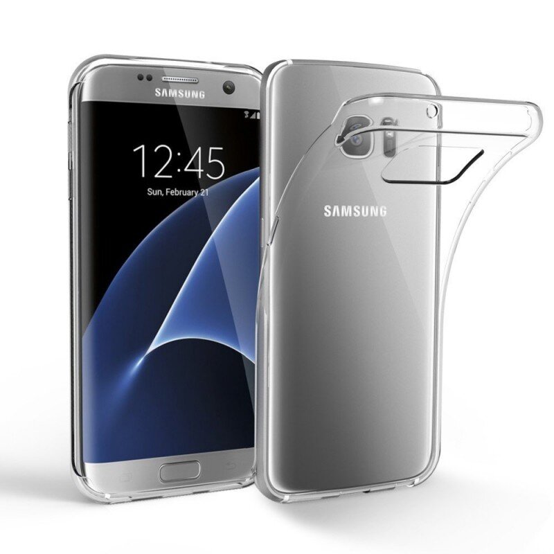 Na obrazie widoczny jest smartfon z przezroczystym etui, z logo \'Samsung\' na tylnej obudowie. Na ekranie telefonu wyświetlana jest godzina 12:45 oraz data Sun, February 21.