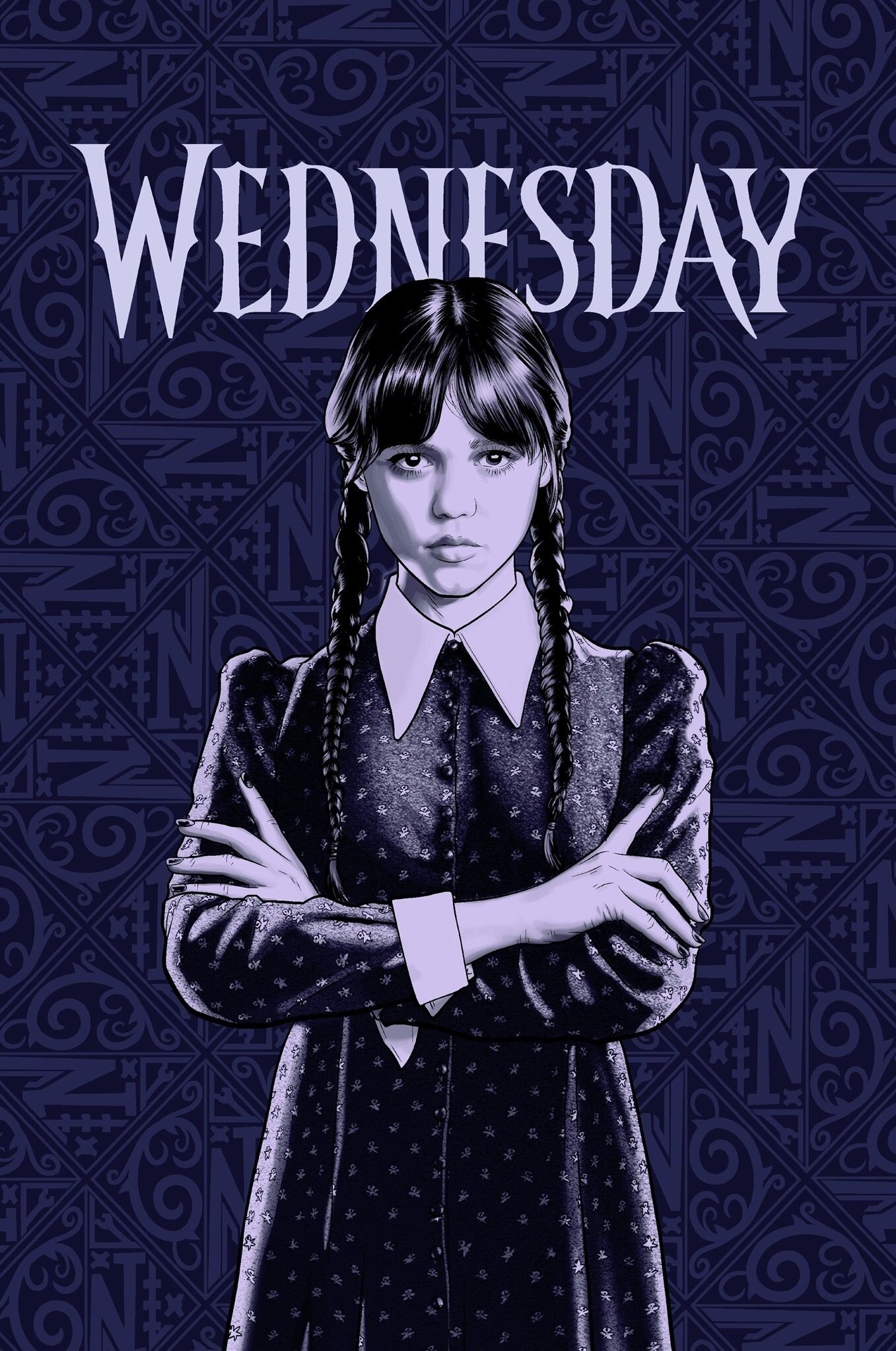 Ilustracja przedstawia postać w ciemnym stroju z zaplecionymi warkoczami na tle wzoru z literami \'N\'. Na górze widnieje napis \'WEDNESDAY\'.