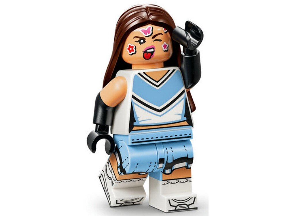 Figurka LEGO przedstawiająca postać z długimi brązowymi włosami, ubrana w niebiesko-biały strój z czarnymi rękawicami. Na twarzy widoczne są naklejki w kształcie motyla i kwiatów.