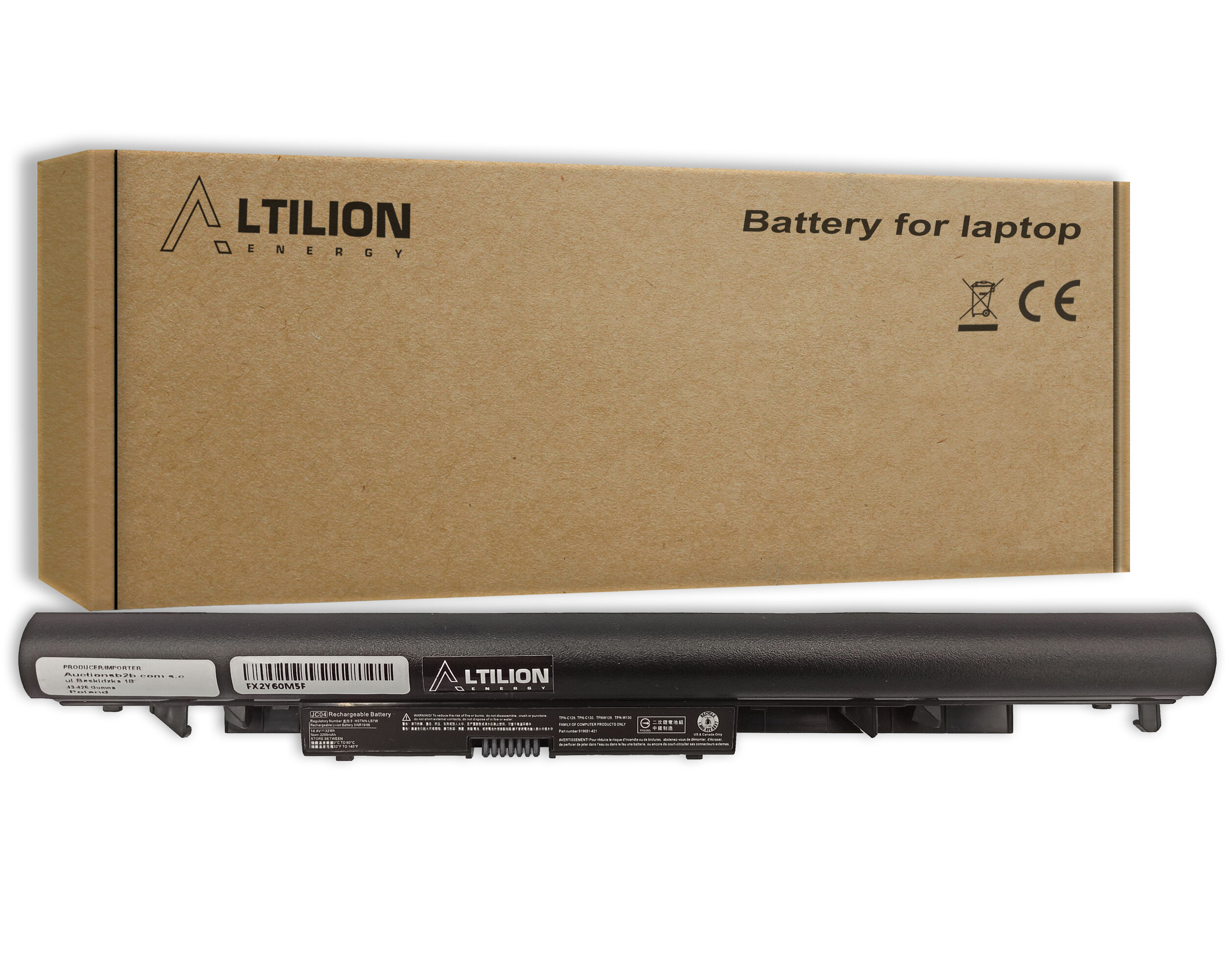 Na obrazie widoczna jest bateria Altilion Energy oraz kartonowe opakowanie z napisem \'Battery for laptop\'.