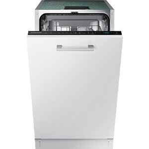 phpnnoTZo DW50R4070BB Zmywarka w kolorze białym z otwartym panelem górnym, widoczne wnętrze z koszami na naczynia. Na panelu sterowania widoczny jest napis \'SAMSUNG\'.