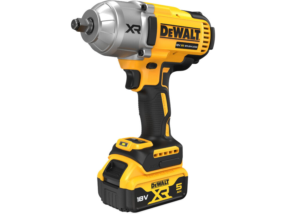Na obrazie widoczny jest żółto-czarny klucz udarowy z logo DEWALT oraz oznaczeniami \'XR\', \'18V\', \'BRUSHLESS\' i \'5 AH\'.