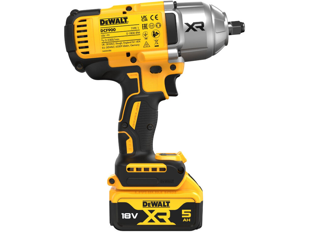 Na obrazie widoczny jest żółto-czarny klucz udarowy z logo \'DEWALT\' oraz oznaczeniami \'DCF900\', \'18V XR\', \'5 AH\'.