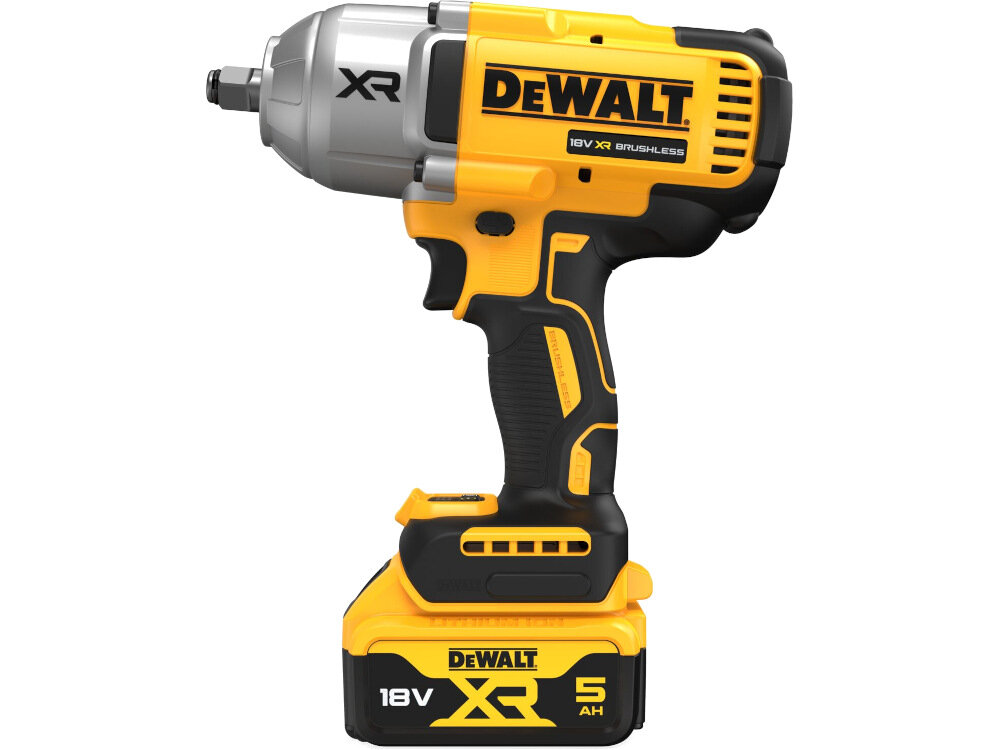 Na obrazie widoczny jest żółto-czarny klucz udarowy z logo DEWALT. Na urządzeniu znajdują się napisy: \'XR\', \'18V XR BRUSHLESS\', \'18V XR 5 AH\'.