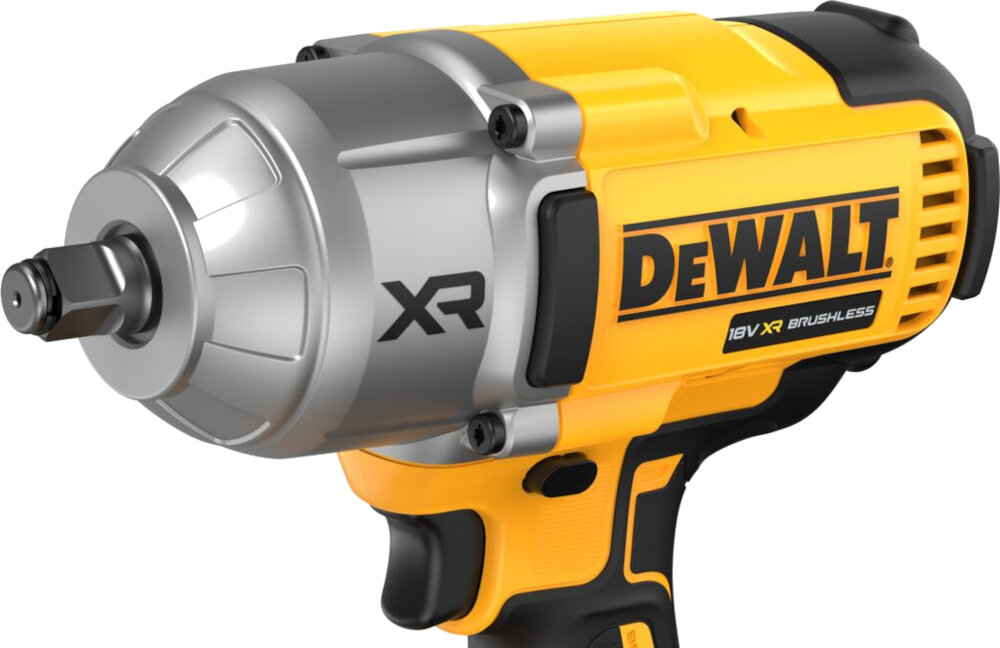 Na obrazie widoczny jest żółto-czarny klucz udarowy z metalową głowicą. Na obudowie znajduje się logo \'DEWALT\' oraz napisy \'XR\' i \'18V XR BRUSHLESS\'.