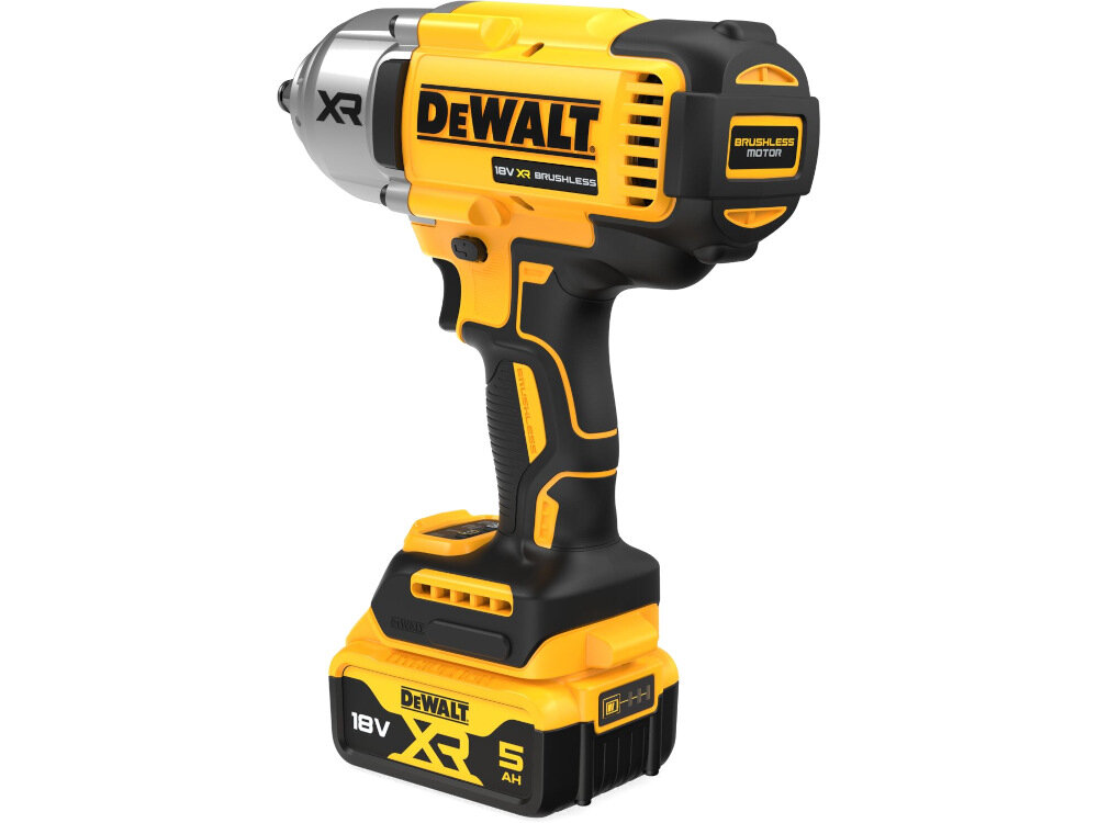 Na obrazie widoczny jest żółto-czarny klucz udarowy z logo \'DEWALT\' oraz napisami \'18V XR BRUSHLESS\' i \'5 AH\'.