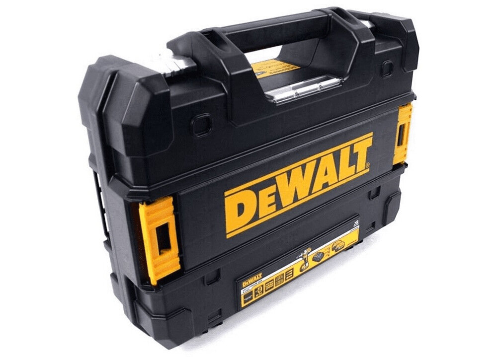 Czarna walizka z żółtymi elementami i dużym logo \'DEWALT\' na boku. Walizka posiada uchwyt do przenoszenia i zamknięcia po bokach.