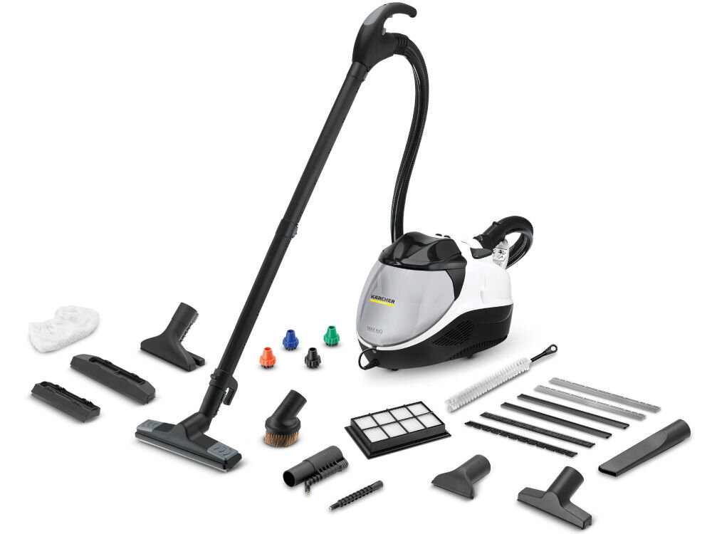 Na obrazie znajduje się odkurzacz z logo \'KARCHER\' oraz zestaw akcesoriów, w tym różne końcówki, szczotki i filtry. Odkurzacz ma biało-czarną obudowę i długi czarny wąż.