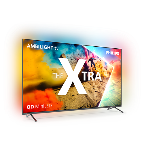 Telewizor z kolorowym podświetleniem Ambilight, wyświetlający dynamiczną grafikę z napisem \'THE XTRA\'. Widoczne logo \'PHILIPS\' oraz tekst \'QD MiniLED\'.