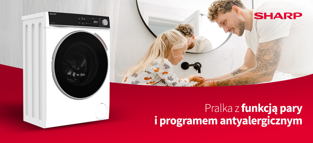 Obraz przedstawia pralkę z czarnym panelem sterowania i białą obudową. Obok widnieje napis: \'Pralka z funkcją pary i programem antyalergicznym\', a w prawym górnym rogu znajduje się logo SHARP.
