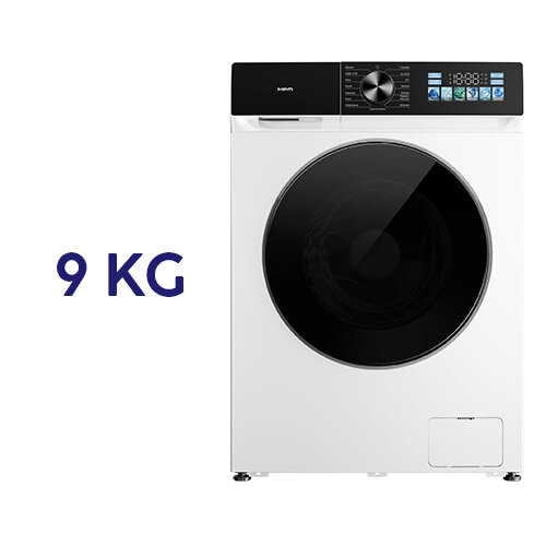 Pralka o nowoczesnym designie z dużym, czarnym bębnem i panelem sterowania z wyświetlaczem oraz pokrętłem. Obok pralki widoczny jest napis \'9 KG\'.