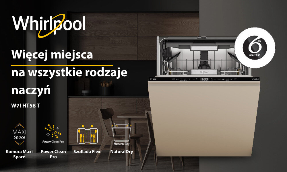 Obraz przedstawia zmywarkę marki Whirlpool z otwartymi drzwiami, ukazującą wnętrze z koszami na naczynia. Na obrazie widnieje tekst: \'Więcej miejsca na wszystkie rodzaje naczyń W7I HT58 T\' oraz ikony z napisami: \'Komora Maxi Space\', \'Power Clean Pro\', \'Szuflada Flexi\', \'NaturalDry\'.
