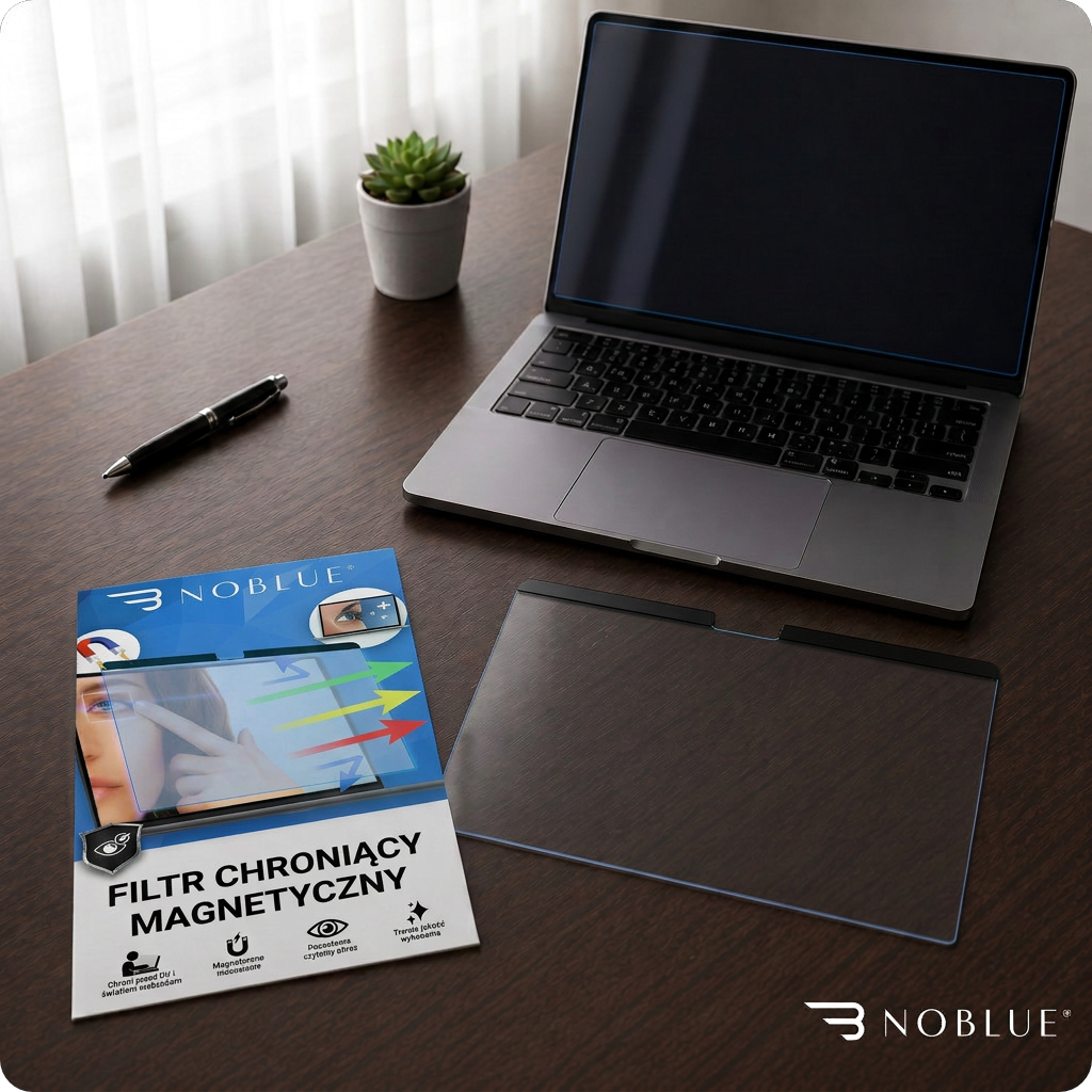 Na biurku znajduje się otwarty laptop, obok którego leży przezroczysty filtr oraz opakowanie z napisem \'FILTR CHRONIĄCY MAGNETYCZNY\'. W tle widoczna jest doniczka z rośliną i długopis, a na opakowaniu znajduje się logo \'NOBLUE\'.